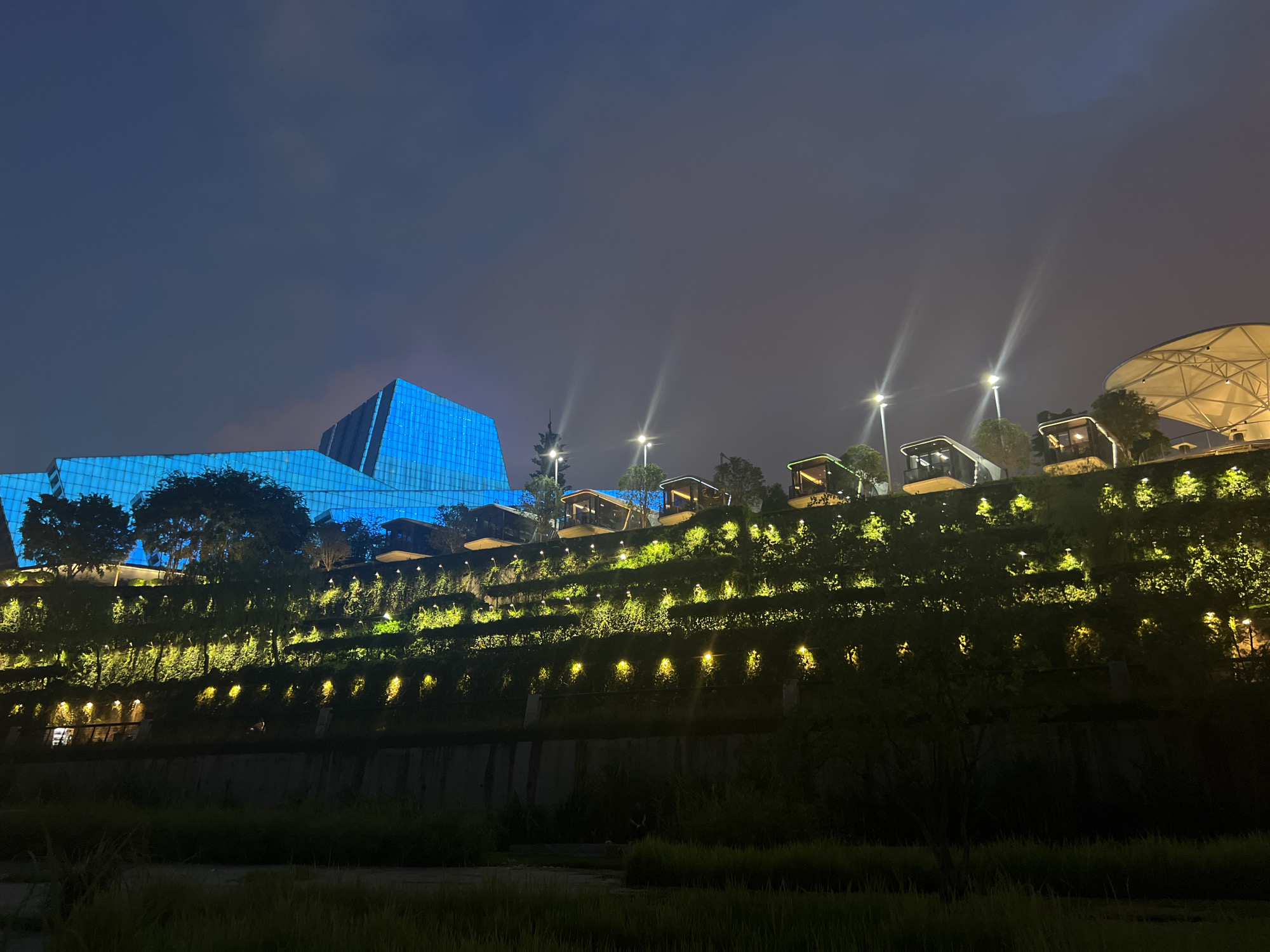 The image depicts a nighttime scene of a terraced hillside with a modern building complex. The hillside is covered in lush green vegetation, illuminated by numerous small, warm-toned lights embedded along its terraces. Several modern, angular structures are visible at the top of the hillside, some with glowing interiors. To the left, a large, geometrically shaped building is prominently lit with a striking blue hue, its glass facade reflecting the light. Further to the right, a large, dome-like structure with a visible truss system is also illuminated. Streetlights with bright beams are positioned at intervals along the upper part of the scene. The foreground consists of dark grass and vegetation, suggesting a low-lying vantage point looking up at the illuminated landscape. The sky is dark and cloudy, indicating it is nighttime. The location is identified as 江北城街道, China. There are no visible people in the image.