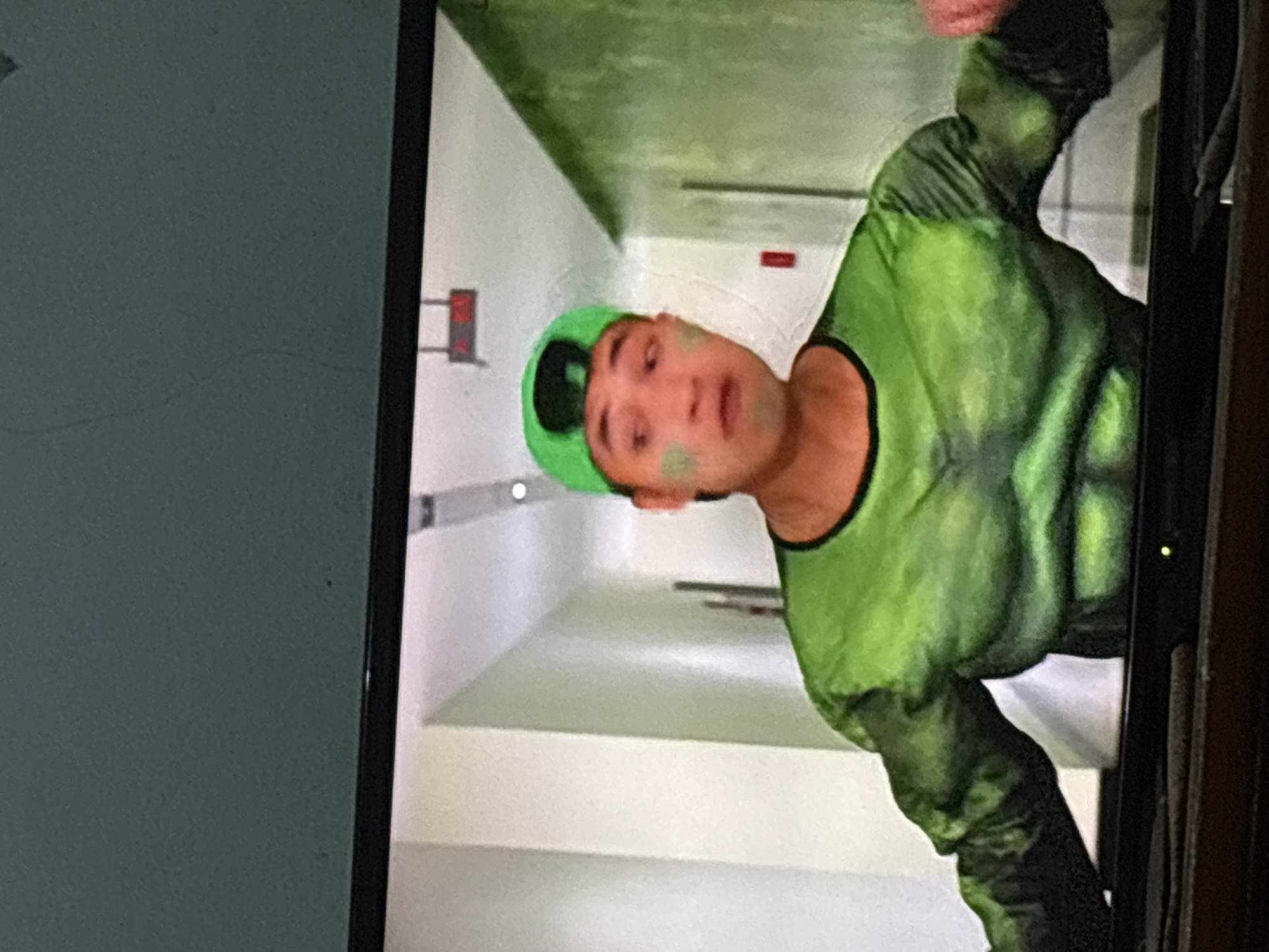 The image shows a man wearing a green Hulk costume, including a padded muscle suit and a green baseball cap. He has green paint smudged on his cheeks. He appears to be looking off to his right with a surprised expression. He is standing in what looks like a hallway with light-colored walls and some green elements on the right side. A red fire alarm is visible on the wall. There is no indication of the city of Palimanan, Indonesia, in the image.