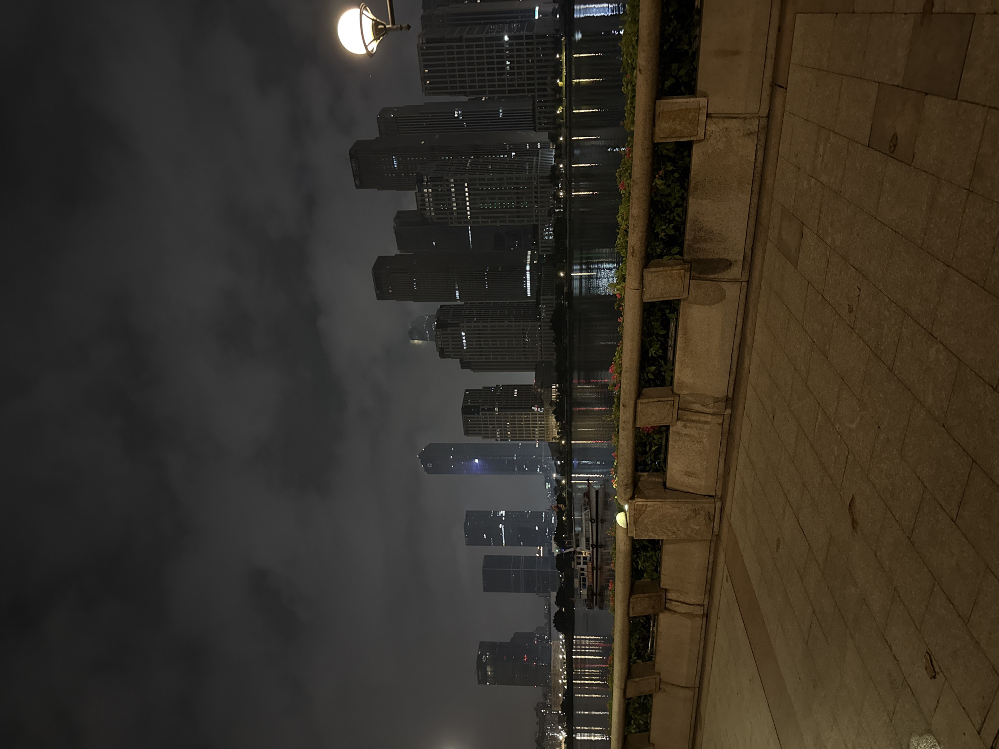 A nighttime view of a modern city skyline with numerous tall buildings reflects on a wide river. The buildings are illuminated with lights, creating a vibrant and busy urban atmosphere. In the foreground, a paved walkway borders a low wall with greenery and flowers, separating it from the river. A boat is visible on the water, and a lamppost with a glowing orb stands to the right of the frame. The sky is dark and overcast, with clouds obscuring any stars. This scene is likely located along the Pearl River in Haizhu District, China, a bustling area known for its commercial and residential development.