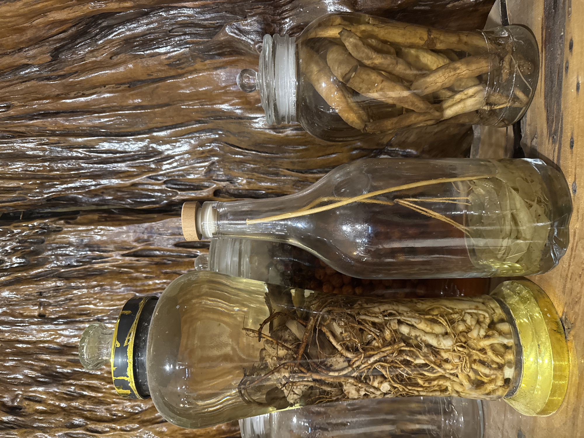 The image shows a close-up of three glass containers filled with what appear to be various types of preserved roots and plants, possibly for medicinal purposes. The containers are arranged horizontally against a textured, dark brown, possibly wooden background. The top container is a jar filled with long, thick, brown roots or stems. The middle container is a long, thin bottle with a wooden stopper, containing a single, slender, brown stem submerged in a clear liquid. The bottom container is a bulbous glass jar with a gold-colored base or trim, filled with a dense mass of thin, intertwined roots. The bottles are stacked on their sides. The image evokes a rustic and natural aesthetic, typical of traditional Vietnamese medicine or herbalism, possibly from the city of Tú Lệ in Vietnam.