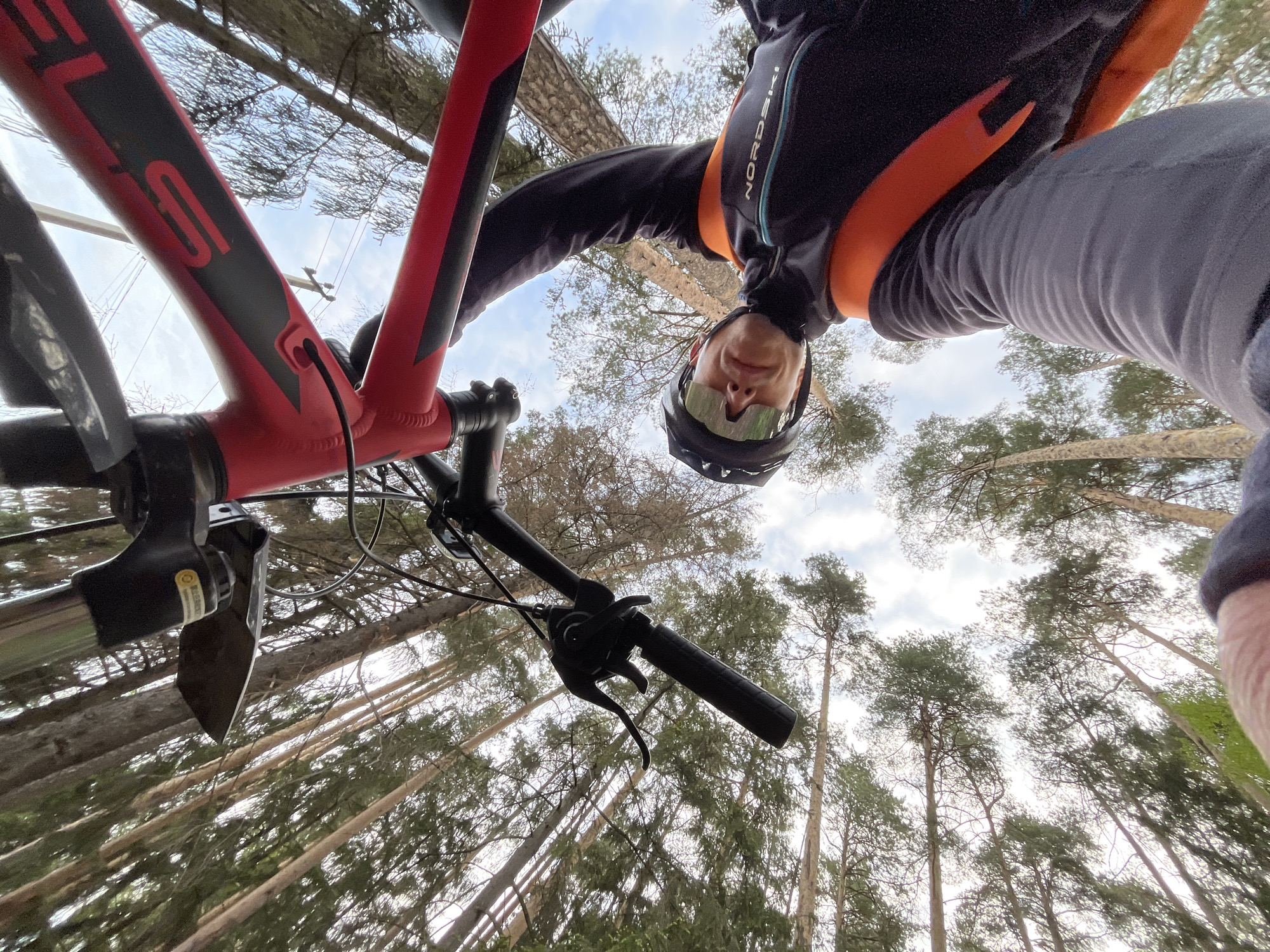 A cyclist, viewed from a low angle looking up, is positioned with their bicycle in a forest. The red and black frame of the bicycle dominates the left side of the image, with the handlebars and front suspension visible. The cyclist, wearing a helmet and sunglasses, looks down into the camera. They are wearing a black and orange jacket, with grey trousers or leggings. The background consists of tall pine trees stretching toward a sky with patches of white clouds. The image appears to be taken within a forest location in the city of Chaikovsky, Russia.