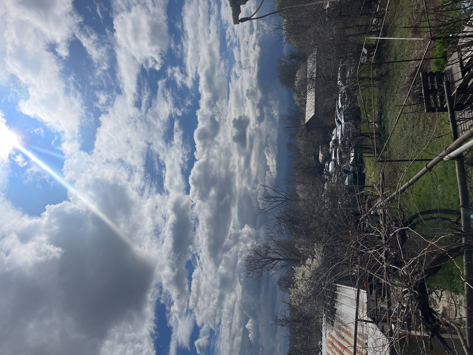 The image shows a view with a bright, sunlit sky filled with cumulus clouds, with blue sky visible between them. The sun is visible in the top left of the image, with a glare stretching downwards. Below the sky, there is a tree line, with several bare trees and some blooming white-flowered trees. There appear to be cars parked along a road or driveway in the distance. There is a grassy area and a section of metal fencing. In the foreground, there is a structure with metal pipes and what appears to be part of a building with a corrugated metal roof. The photo appears to be taken in Sofia, Bulgaria.