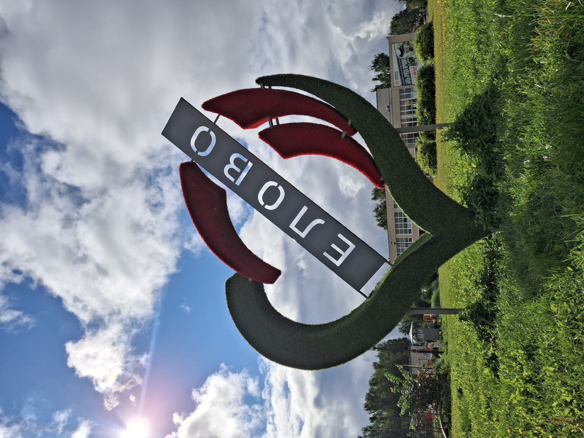 The image captures a large, heart-shaped topiary sculpture covered in green artificial grass, situated in a grassy park area. The sculpture is adorned with three red, petal-like elements and a dark rectangular sign inscribed with white Cyrillic lettering that reads "ЕЛОВО". In the background, a building with a billboard advertising "АРМИЯ РОССИИ" (Army of Russia) is visible. A few trees and bushes line the background, and the sky is partly cloudy with bright sunlight. The foreground consists of lush green grass and some smaller yellow flowers. The overall scene appears to be an outdoor public space, possibly a town square or park, in Elovo, Russia.