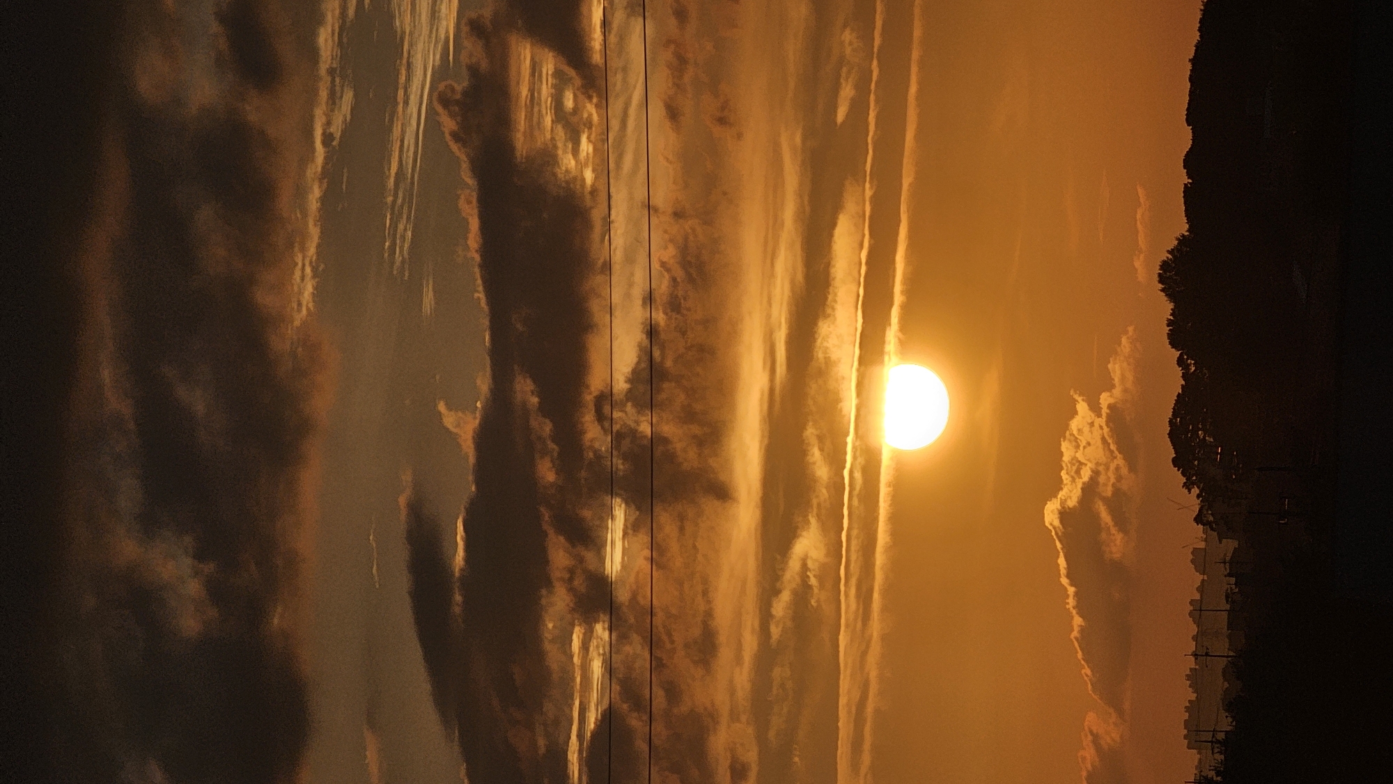 A vertical, close-up, eye-level shot captures a dramatic sunset over Asan-si, South Korea. The sun, a brilliant white orb, is positioned slightly left of center in the middle of the frame, partially obscured by a thin layer of clouds. The sky is a vibrant gradient of oranges, yellows, and deep browns, with wispy clouds creating textural variations. Darker, more ominous clouds are visible in the upper portion of the frame. Three thin, dark horizontal lines, likely power lines, stretch across the sky in the upper middle section of the image, adding a man-made element to the natural scene. Below the sky, a dark silhouette of a treeline with interspersed structures, possibly buildings or utilities, forms the horizon. The foreground is also in silhouette, obscuring any ground-level details. The overall impression is one of a powerful and awe-inspiring natural event.