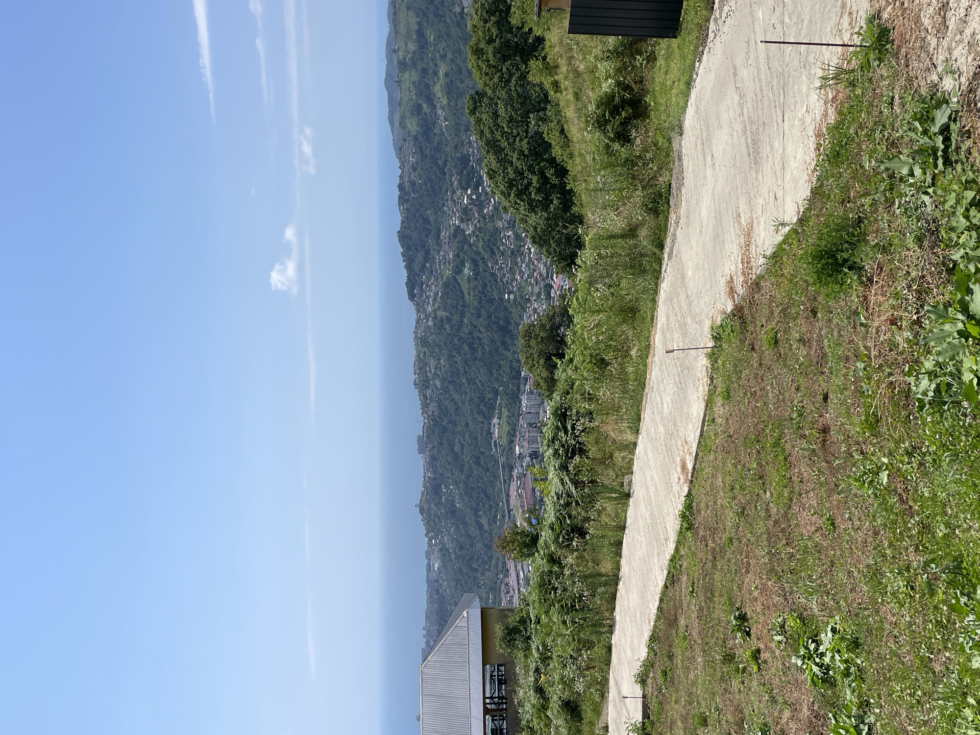 The image depicts a scenic view from a hillside overlooking a coastal city, likely Sochi, Russia, given the characteristic mountainous terrain sloping towards the Black Sea. In the foreground, a light-colored concrete path meanders through overgrown grass and vegetation. To the left, a portion of a modern building with a silver, corrugated metal roof is visible, casting a shadow. The middle ground is dominated by a densely forested hillside dotted with buildings, forming a town or city. In the background, the vast expanse of the Black Sea stretches to the horizon under a clear, bright blue sky with a few wispy clouds. The overall impression is one of a tranquil, natural setting juxtaposed with urban development.