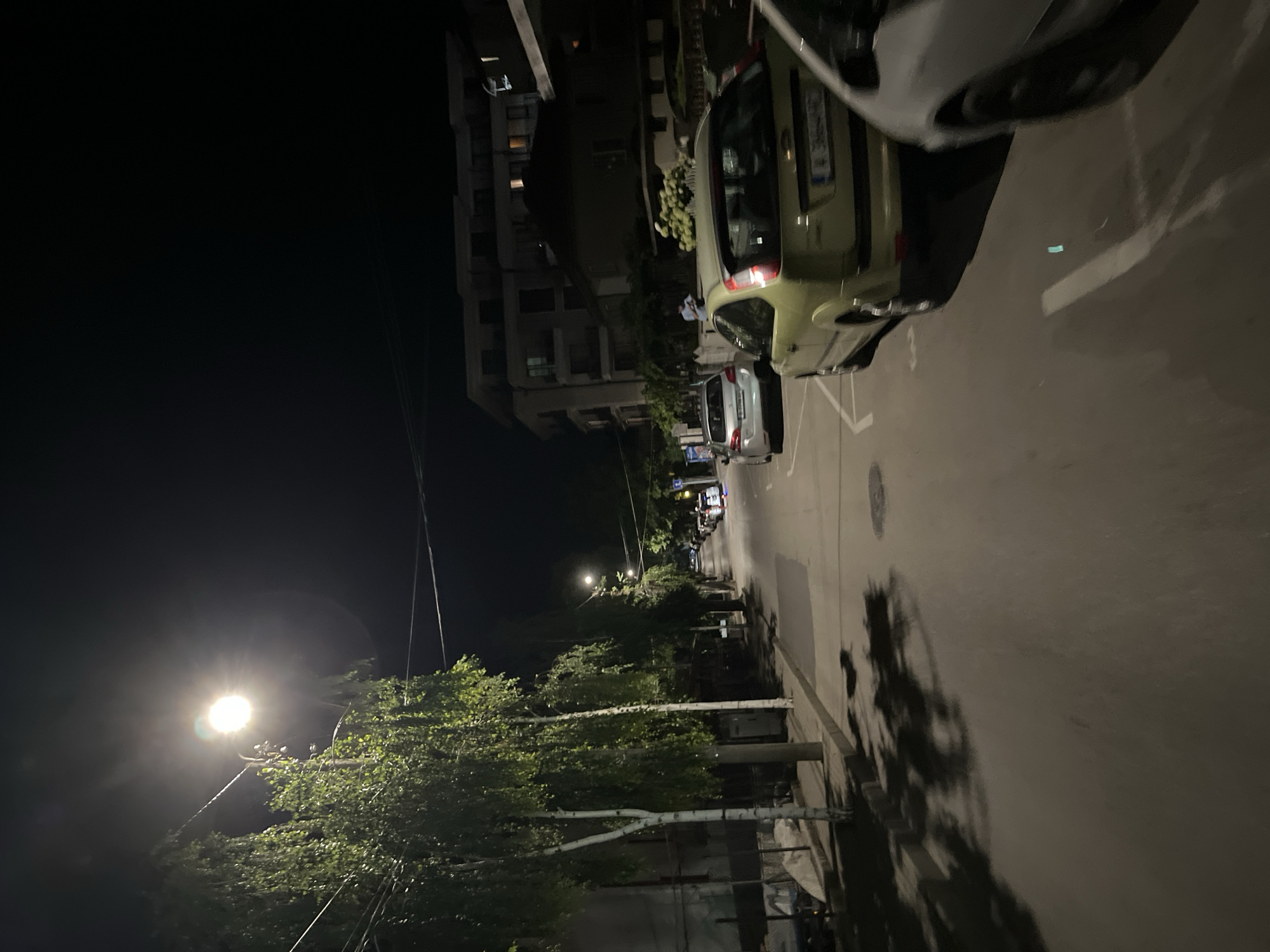 The image depicts a street scene at night in the city of Obzor, Bulgaria. A street light illuminates the left side of the frame, casting shadows from trees lining the sidewalk. Several cars are parked on the right side of the street and a few are driving on the road. In the background, there are buildings, including a multi-story residential building. One car, a light green hatchback, is prominently featured in the foreground on the right. There are no people clearly visible or engaged in any activity. The scene is typical of a residential street at night.