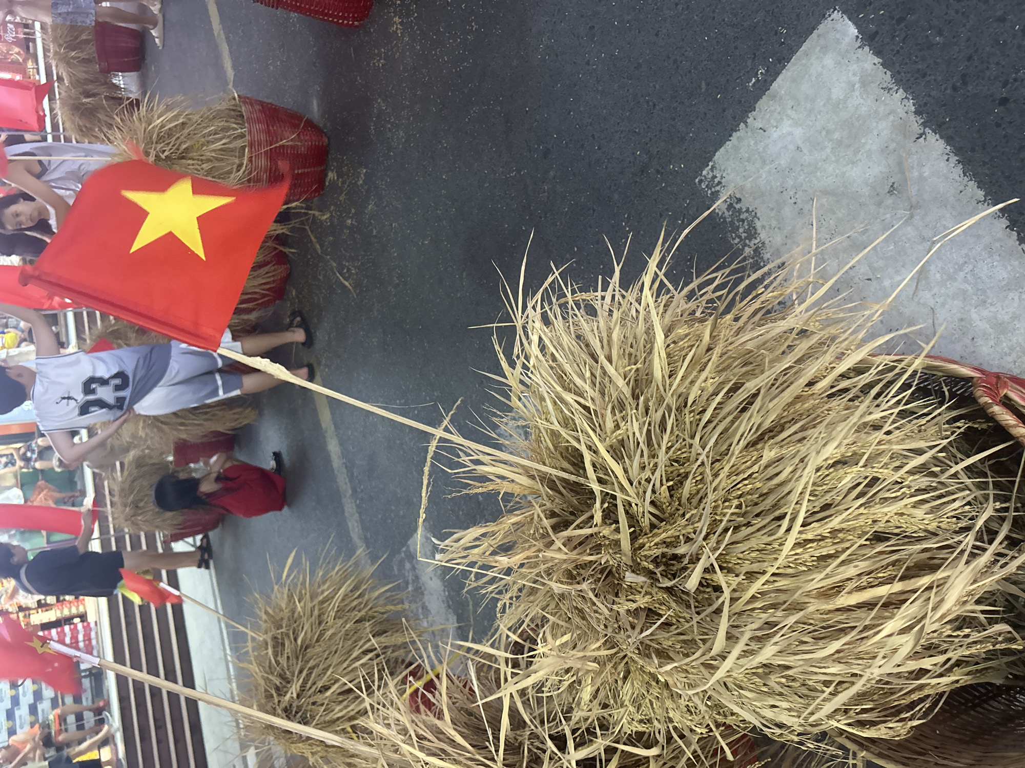The image shows a street scene in Bắc Nha Trang, Vietnam. The focus is on several red woven baskets filled with harvested rice stalks, seemingly for a celebration or display. People are standing around, some holding Vietnamese flags. There is a concrete street surface with some white painted markings. A set of steps can be seen in the background.