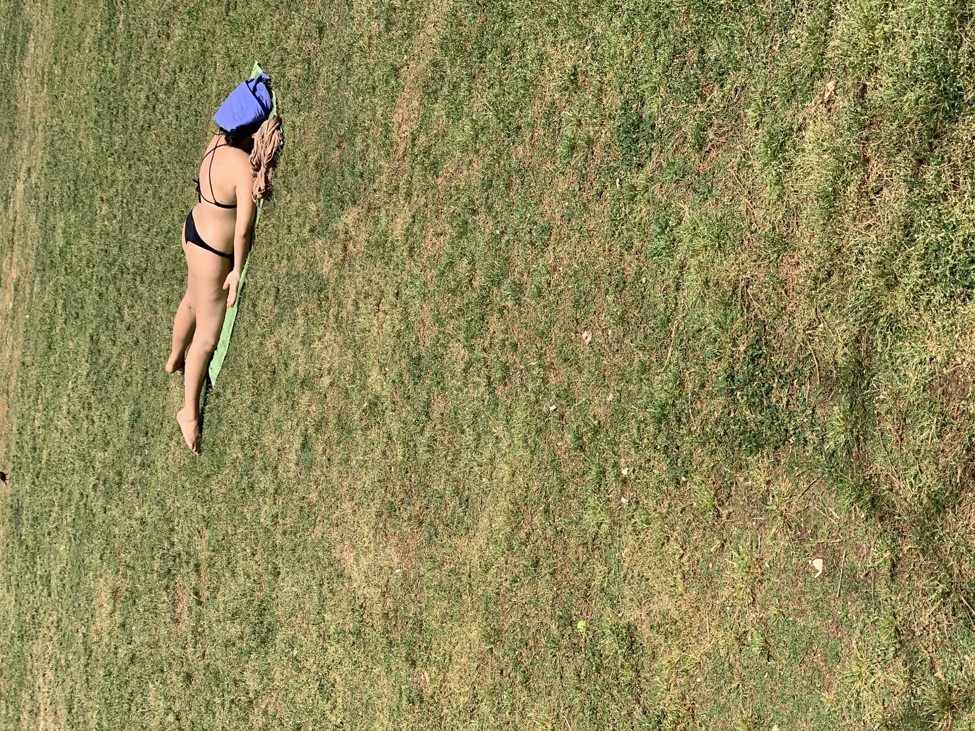 A person lies face down on a light green mat in a grassy area. The person is wearing a black bikini and has a blue garment covering their head. A pile of tan cloth is next to the person's head. The grass is mostly green, with some areas of brown and dead grass. The scene is outdoors in sunlight. The location is Tel Aviv, Israel.