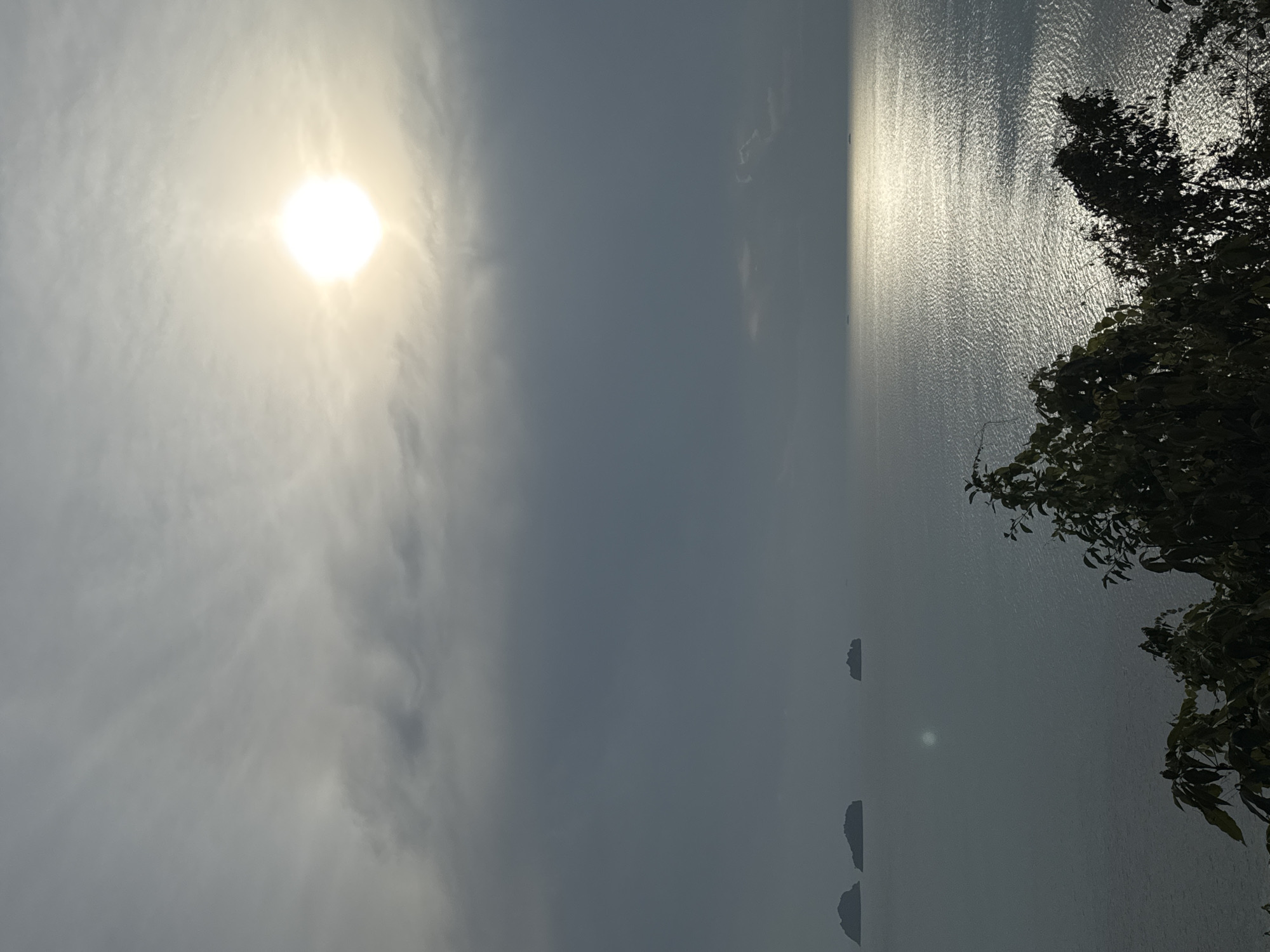 This image captures a bright, sun-drenched seascape, likely taken during the day in a tropical coastal area such as Baan Taling Ngam, Thailand. The dominant feature is the intense, almost blinding sun, located in the upper left portion of the frame, radiating bright rays through a hazy, partly cloudy sky. The sky transitions from a brilliant white around the sun to a softer, muted blue-grey further away, with subtle cloud formations.
Below the sky, a large body of water, likely the sea, stretches across the lower half of the image. Its surface gleams with a vibrant, shimmering reflection of the sun, creating a pathway of light that extends from the mid-right towards the horizon. The water's texture reveals gentle ripples from waves. In the distance, several small, dark landmasses or islands are silhouetted against the hazy horizon, appearing as dark shapes just above the water. On the far right edge, dark green foliage from a tree or bush extends into the frame, providing a natural border and depth to the scene, contrasting with the bright water.
The time of day appears to be mid-morning or afternoon, characterized by the high sun and its strong reflection. The weather is hazy but bright. No specific activity is taking place, and no people or visible text are present.