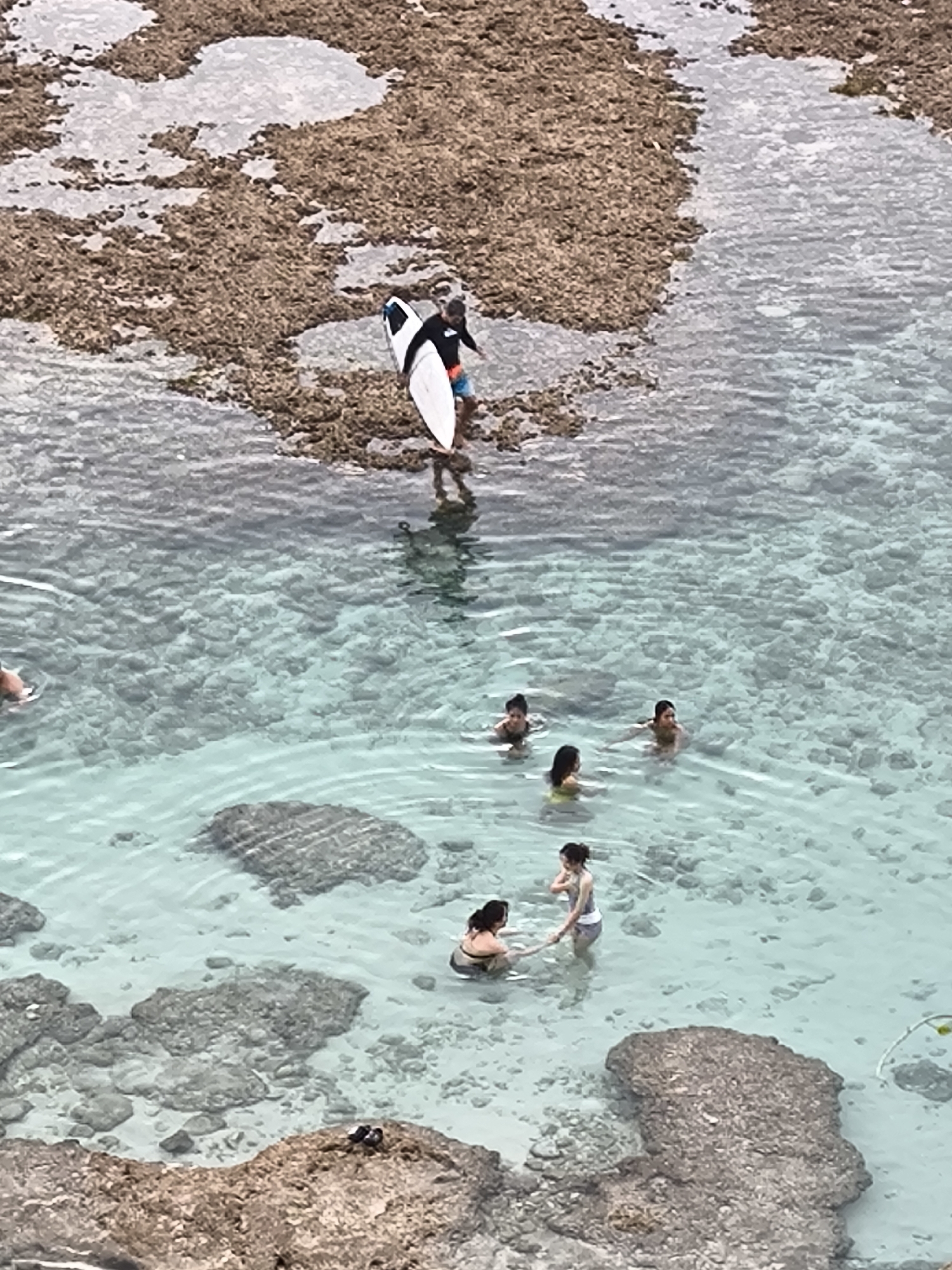 The image depicts a scene in Uluwatu, Indonesia, where several people are enjoying the turquoise waters of a natural pool. In the foreground, two women are seated in the shallow water, while another woman is standing nearby. Further out in the water, four more people are swimming. At the top of the image, a man carrying a surfboard stands on a rocky ledge, poised to enter the water. The water is clear and shallow, revealing the rocky seabed below. The pool is surrounded by rough, rocky terrain, typical of the coastal landscape of Uluwatu.