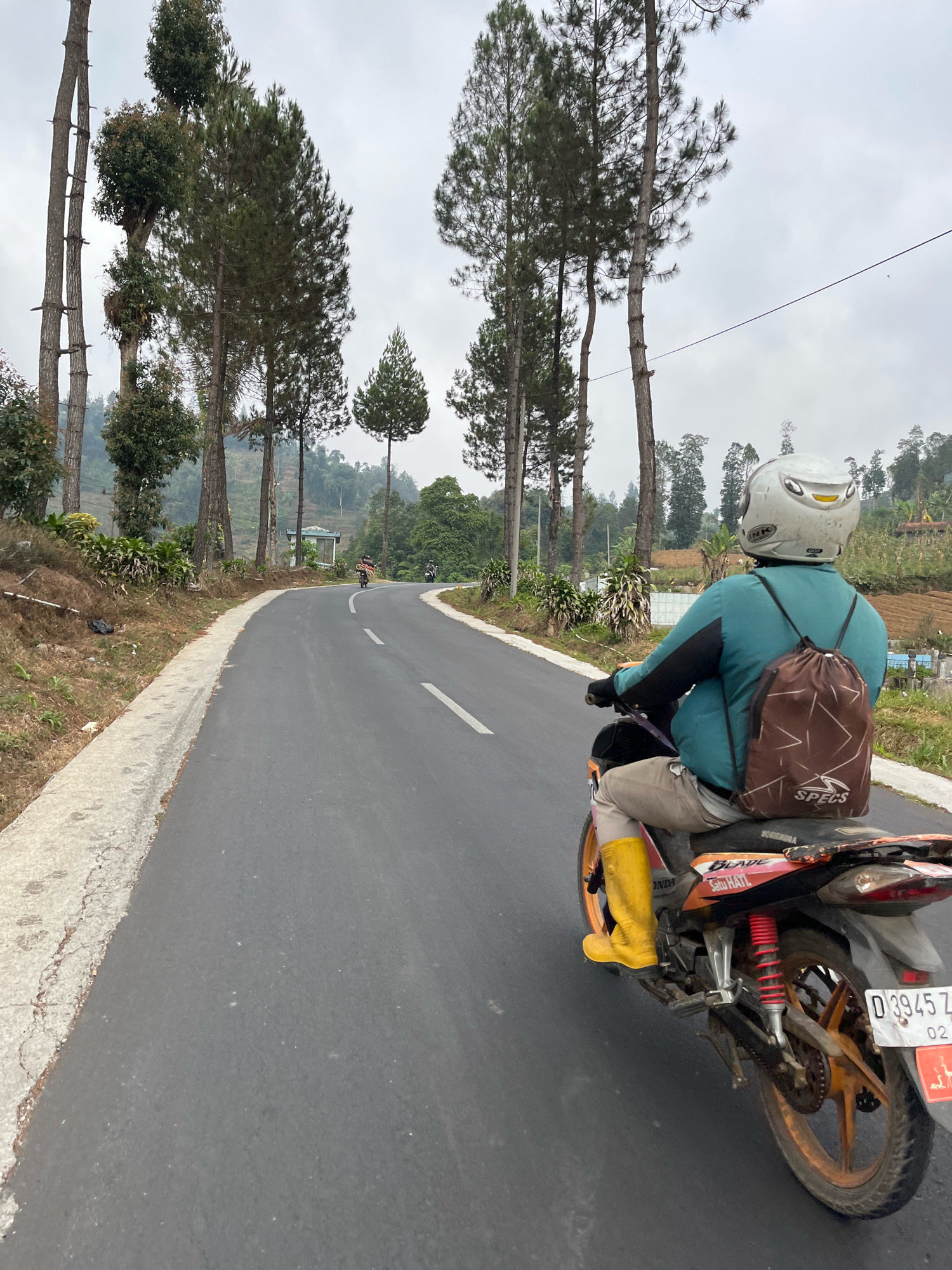 In Maja Tengah, Indonesia, a person rides a motorcycle on a paved road winding through a hilly, tree-covered landscape. The rider, viewed from behind, wears a light-colored helmet, a teal jacket with black accents, tan pants, and bright yellow boots. A brown drawstring backpack with a geometric pattern is slung over their shoulders. The motorcycle is orange and black with visible suspension and a license plate reading "D 3945 Z". Tall pine trees line the left side of the road, with a concrete embankment separating the road from a grassy slope. The sky is overcast, suggesting a cloudy or misty day. In the background, more trees and terraced farmland can be seen on the hillsides.