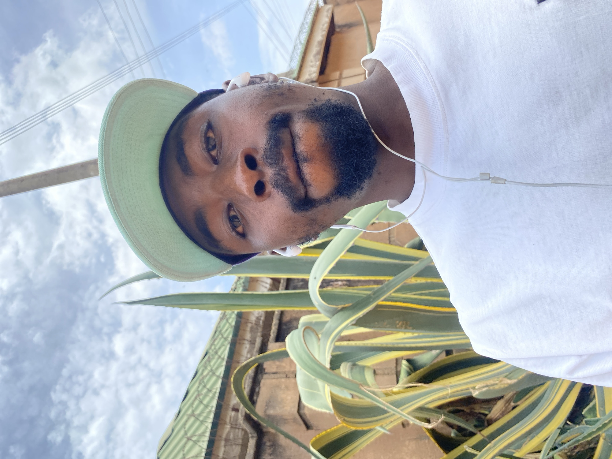 A man is captured in a close-up, low-angle portrait, likely a selfie, set outdoors in what appears to be an urban or semi-urban environment in Jos, Nigeria. He has dark skin and is looking directly towards the camera with a neutral expression. He wears a light green baseball cap, a plain white t-shirt, and white wired earbuds with the wires visible around his neck and chest. His face features a neatly trimmed dark beard and mustache.
The background is rich with detail. Dominating the lower half of the frame are vibrant Agave americana 'Marginata' plants, characterized by their striking green and yellow striped, fleshy, pointed leaves, some of which are curled or twisted. Behind the man and the plants, a building structure with what might be a corrugated metal roof or fence is visible. The sky, partially cloudy with patches of blue, fills the upper portion of the image, where utility poles and power lines crisscross. The bright natural lighting suggests it is daytime. No visible text is present in the image.