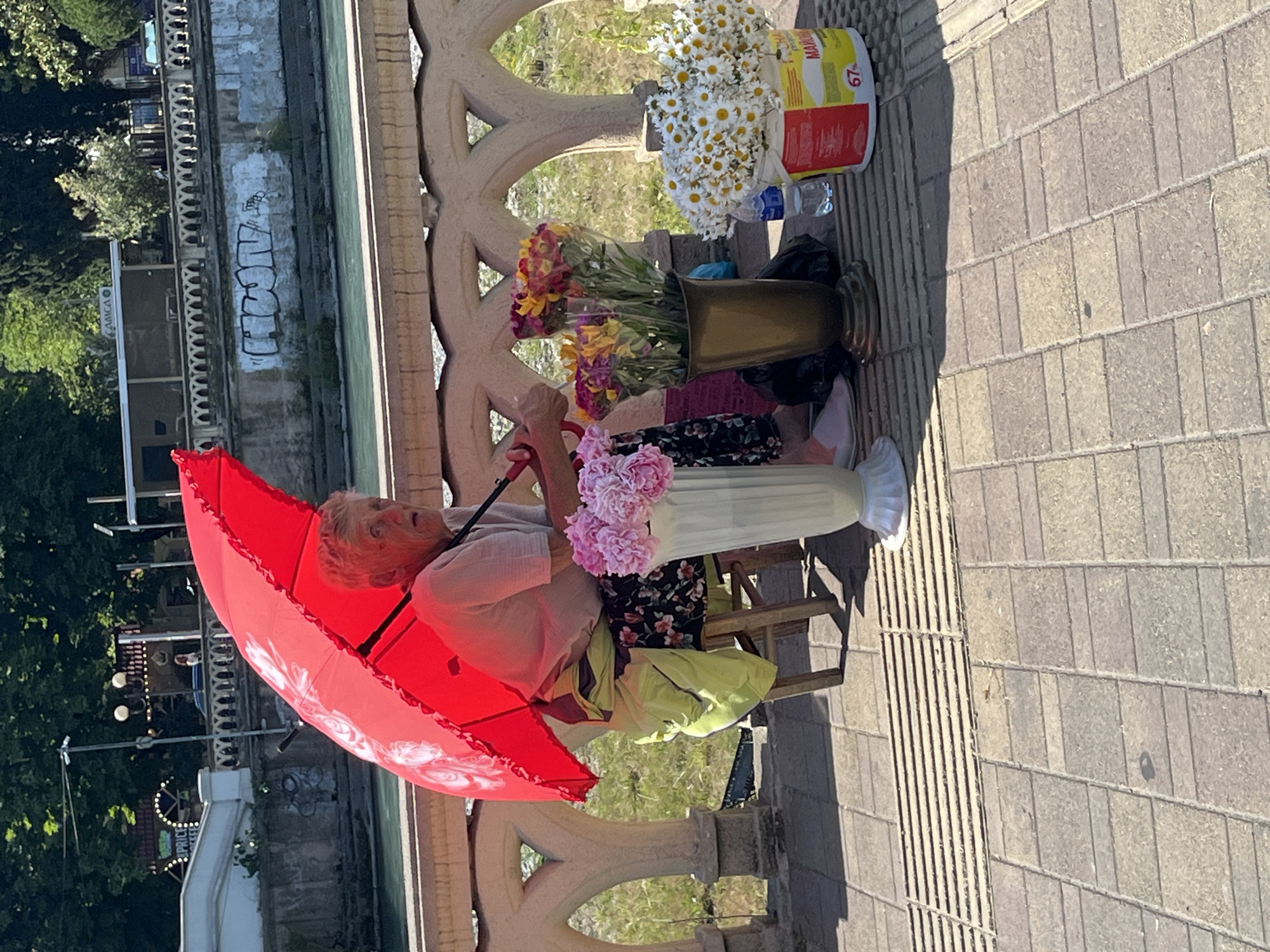 An elderly woman sits on a wooden stool under a vibrant red umbrella, adorned with white floral patterns, on a paved promenade in what is identified as Sochi, Russia. She has white hair and is dressed in a light-colored top and a dark floral skirt, with a light green garment draped over her lap. Her gaze is directed slightly to her right, with a somewhat surprised expression.
Arranged for sale around her are several bouquets of flowers. To her immediate left, a tall white fluted vase holds pink peonies. To her right, a metallic vase contains multiple bunches of mixed yellow, orange, and red flowers, each wrapped in clear plastic. Further to her right, a white plastic bucket, bearing a yellow and red label with the partial text "МАРКО" and "67%", overflows with white daisies with yellow centers. A plastic water bottle rests near the bucket.
The woman is positioned beside a decorative stone balustrade with multiple arched openings, which overlooks a calm body of water, likely a river or canal. On the far bank, a concrete wall is covered in graffiti, prominently featuring the word "CROWD" in a bubble-style font. Beyond the wall, lush green trees and various buildings are visible, including one with a sign that appears to read "CAMCA". In the distant background, structures reminiscent of an amusement park with festive lighting and a partial "PRICE" sign can be seen through the trees. The foreground consists of light-colored rectangular paving stones, interspersed with a metal grate. The scene is illuminated by bright daylight, casting distinct shadows.