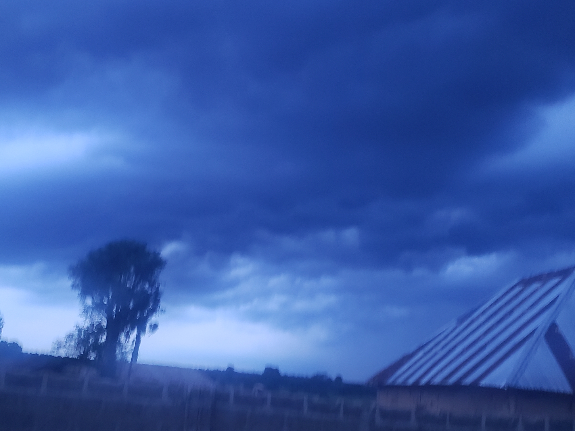 A blurred image captures a dark, overcast sky with heavy, ominous clouds. In the middle ground, a solitary tree stands out, silhouetted against the lighter sky. To the right, the sloped roof of a building with visible corrugated metal is partially visible. The foreground consists of a dark, out-of-focus landscape with what appears to be a fence or railing. The overall impression is of a gloomy, possibly stormy, day in a rural or semi-rural setting.