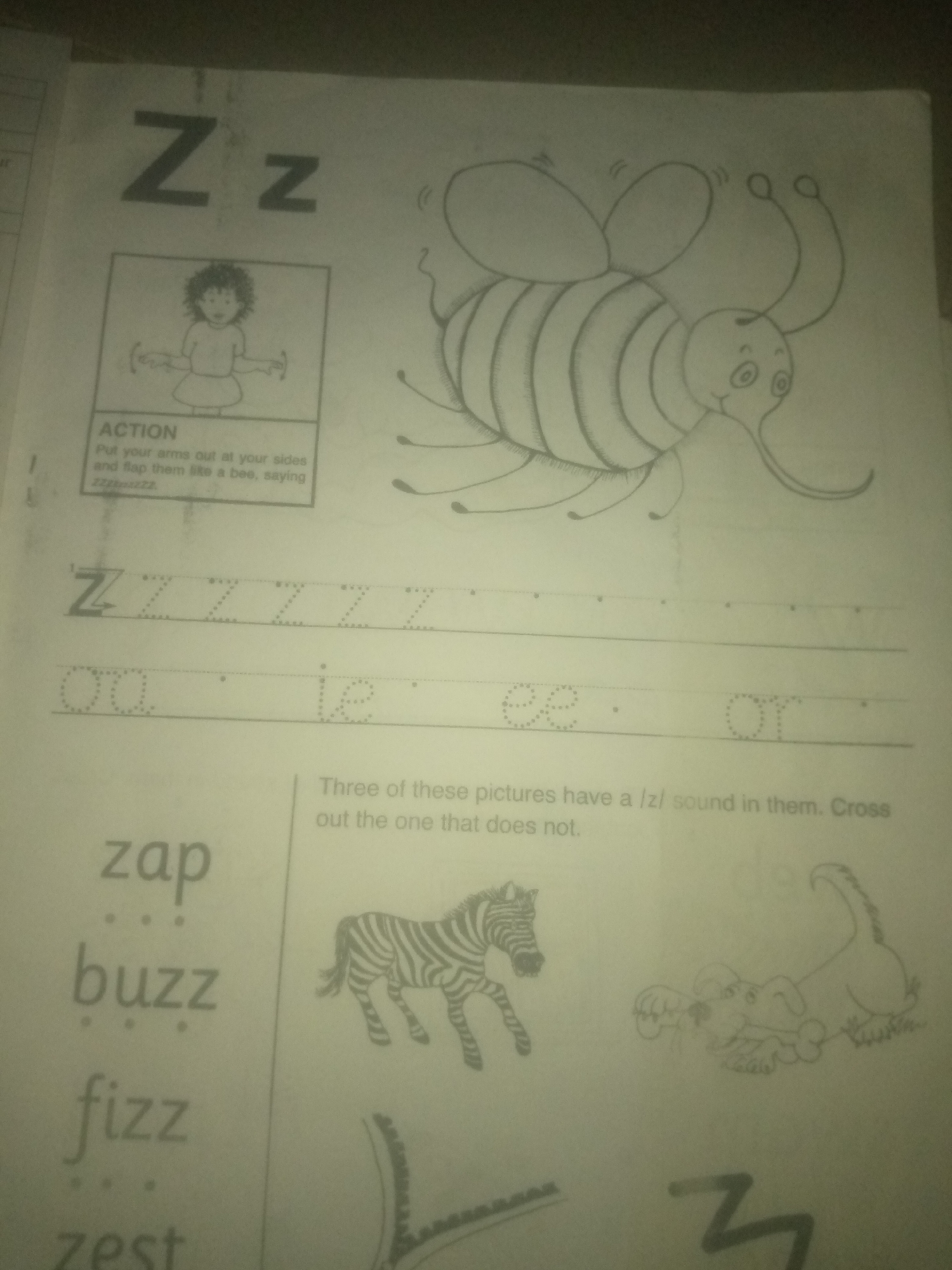 The image is a page from a children's learning book. It features the letter "Z" in both uppercase and lowercase, along with a drawing of a bee. Below the letter "Z", there are lines with dotted letters "Z" for practice, followed by other dotted letters. The page also includes an "ACTION" box instructing the reader to put their arms out and flap them like a bee, saying "zzzzbzzzzz". On the right side of the page, there are drawings of a zebra, a dog with a bone, and a creature resembling a dinosaur. Below these, there are words with dotted letters: "zap", "buzz", "fizz", and "zest". The text at the bottom reads, "Three of these pictures have a /z/ sound in them. Cross out the one that does not." The image appears to be a scanned document, with some slight shadowing and blurriness. The location of Jauro Yinu, Nigeria, is not relevant to the content of the image.