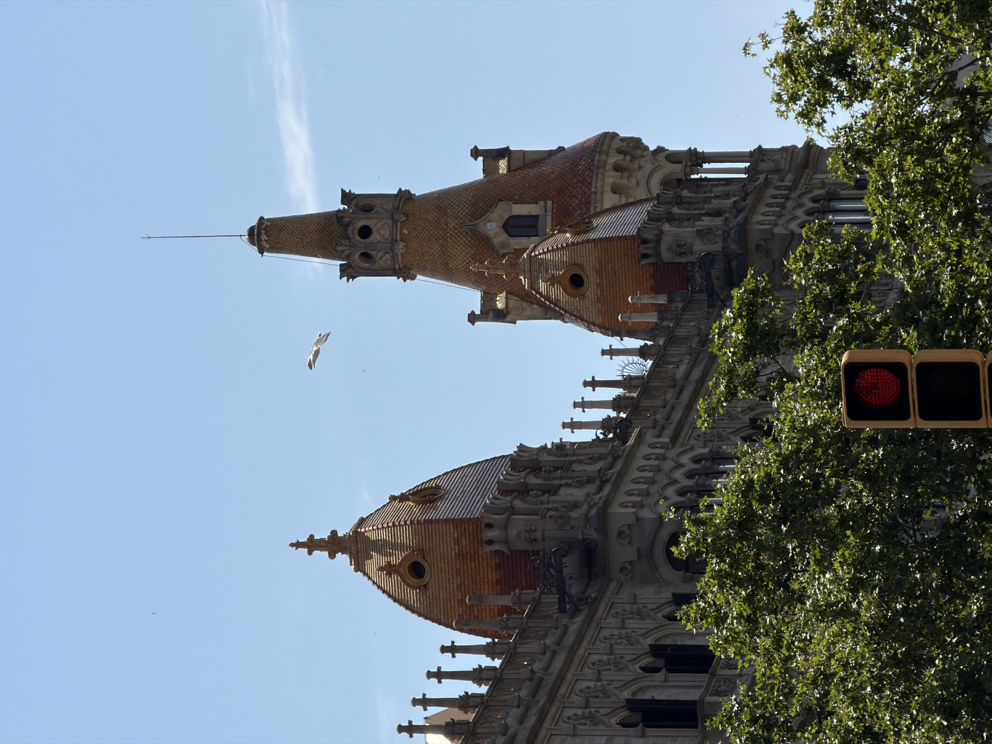 This is a medium-shot, eye-level, outdoor photograph captured in Barcelona, Spain. The image focuses on the upper facade of a building with ornate architecture, characterized by red-tiled conical roofs and Gothic-style decorative elements. A tall, slender tower with a pointed spire is prominently featured on the right, while a series of smaller, similarly shaped roofs adorn the left side of the building. The building's exterior is made of stone and features arched windows and detailed carvings. Lush green trees partially obscure the lower portion of the building, with a traffic light showing a red signal visible in the foreground on the left. A seagull is captured in mid-flight against a clear blue sky, adding a dynamic element to the scene. The overall atmosphere suggests a sunny day in an urban environment.