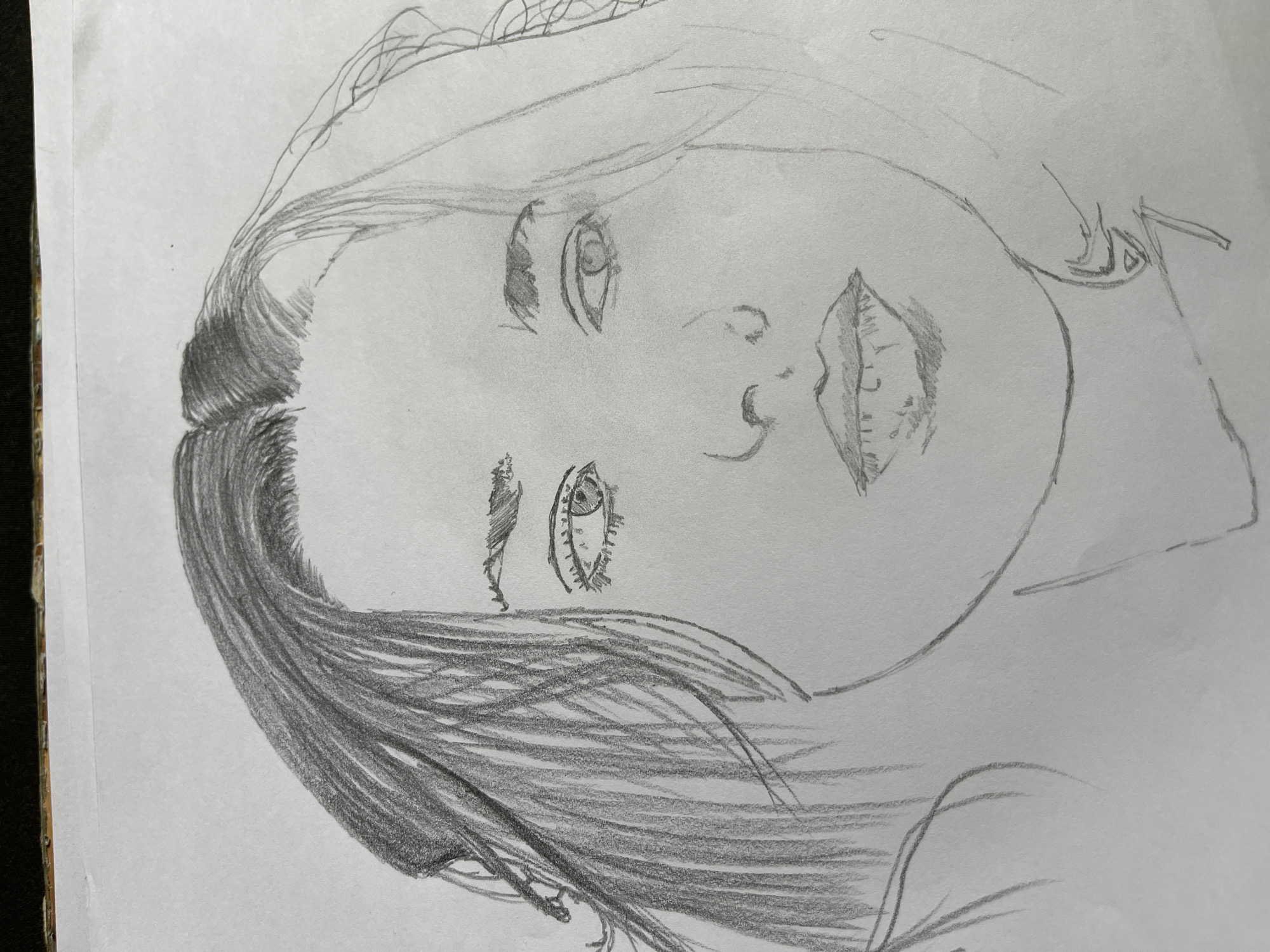 The image shows a pencil sketch of a person's face and upper body. The face is slightly tilted. The person has long hair. The sketch is on white paper. No location is discernible from the image.