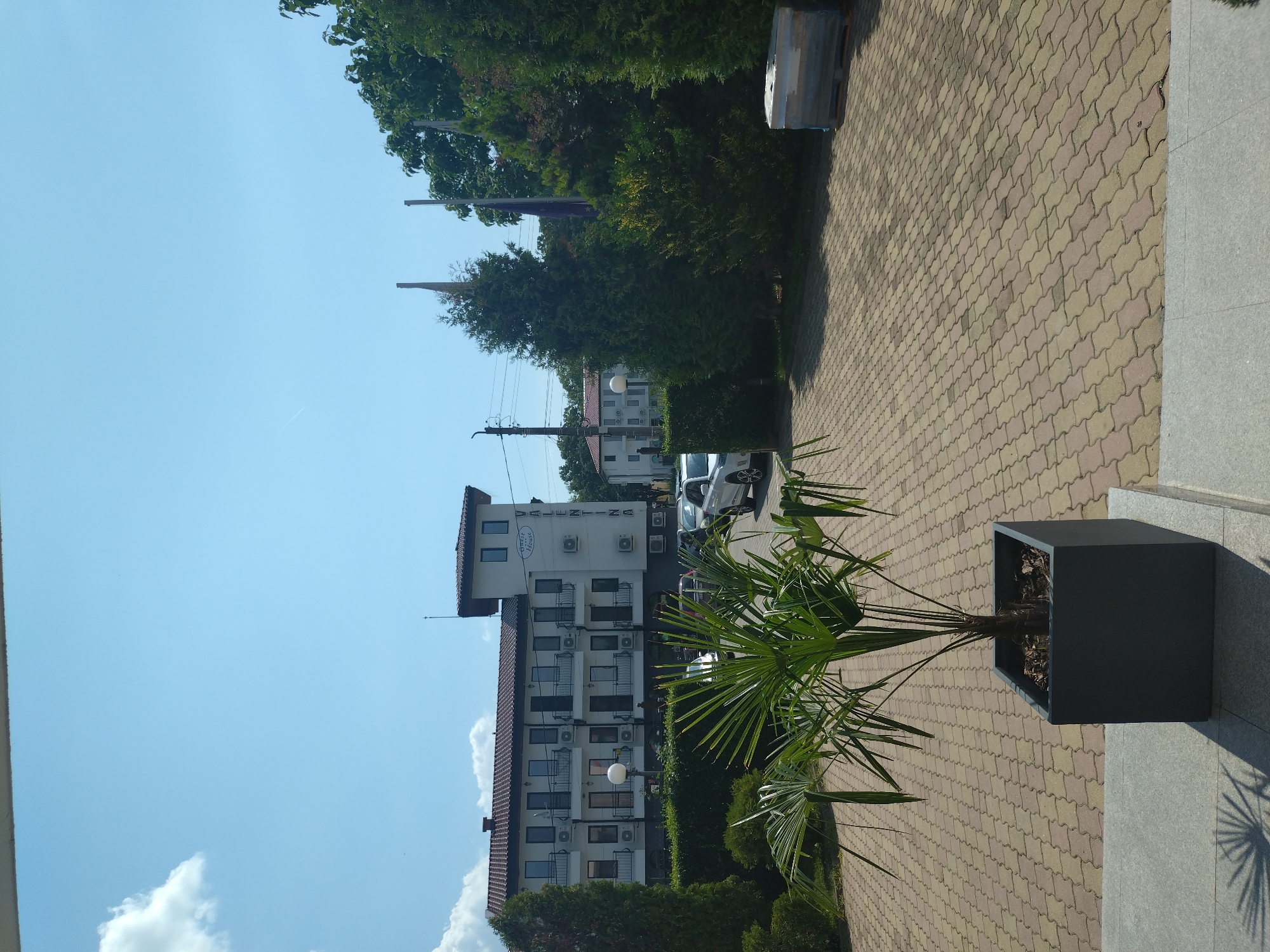 The image shows the exterior of a white, multi-story building with a dark tiled roof, identified by a sign on its facade as "VALENTINA Cheese House". The building has multiple balconies with black railings and air conditioning units are visible on each level. A potted palm tree stands in a dark grey planter in the foreground, casting a shadow on the patterned paving stones of a courtyard. Several cars are parked on the right side of the courtyard, and in the background, there are lush green trees and more buildings. The sky is bright blue with some white clouds. The location is specified as Yagoda, Bulgaria.