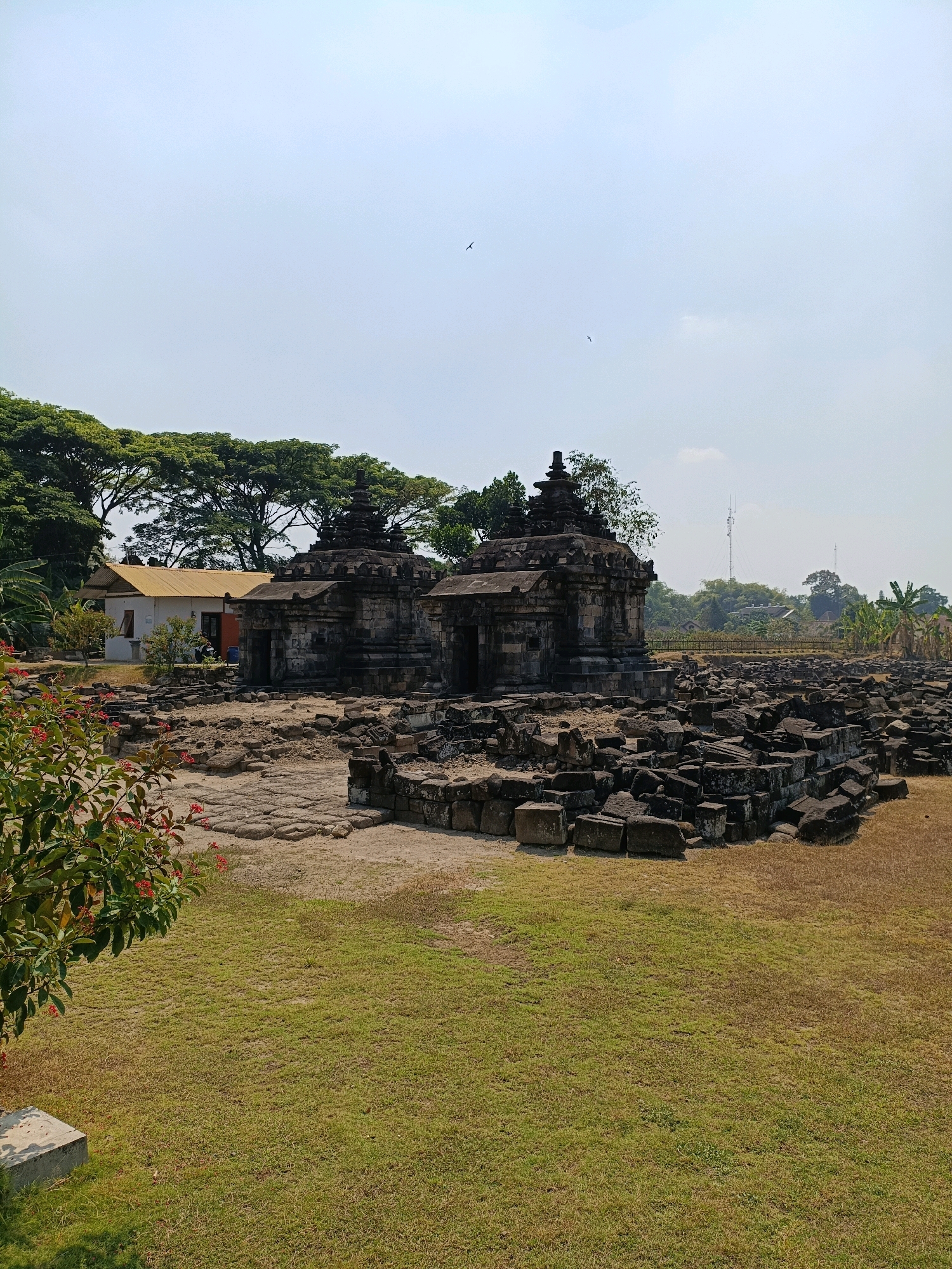 This is a photograph of the ruins of the Ratu Boko Temple complex in Bugisan, Indonesia. In the center of the image, two stone structures with tiered roofs are visible, surrounded by scattered stone blocks and debris, indicating the dilapidated state of the ancient complex. In the background, a white building with a yellow roof is situated among lush green trees. The foreground consists of a grassy field. The sky is clear and pale blue, with a few birds flying in the distance. The lighting suggests it is daytime, possibly late morning or early afternoon.