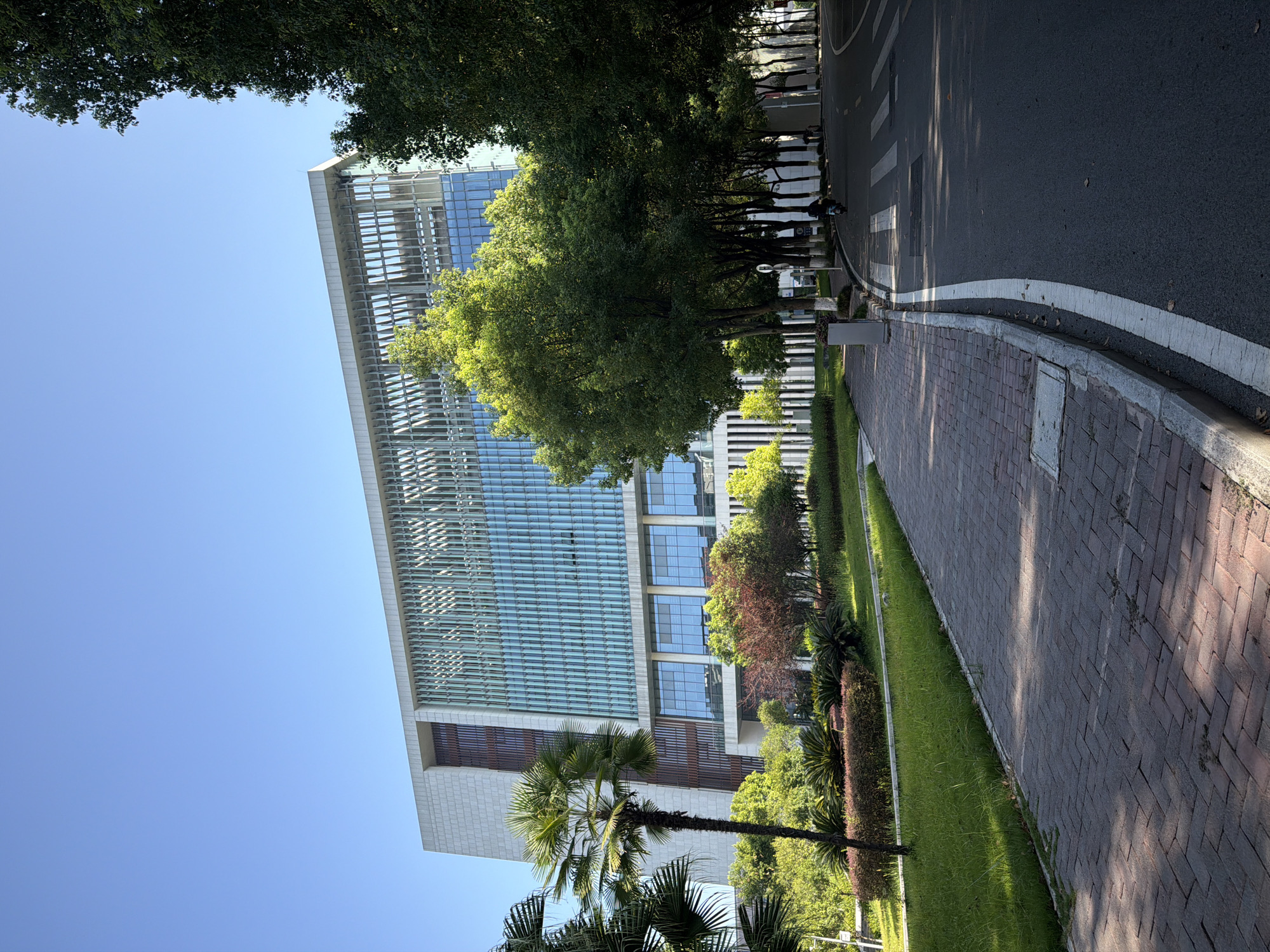 In the city of Jiangjin, China, a modern, multi-story building with a glass facade and horizontal louvers stands under a clear blue sky. To the left of the building, a paved walkway made of red bricks leads past a manicured lawn and various trees, including palm trees and shrubs. To the right of the walkway, a road curves to the right, marked with white lines and a pedestrian crossing. A lone individual on a scooter is visible on the road, moving away from the camera. The scene is bathed in sunlight, casting shadows from the trees onto the walkway and road.