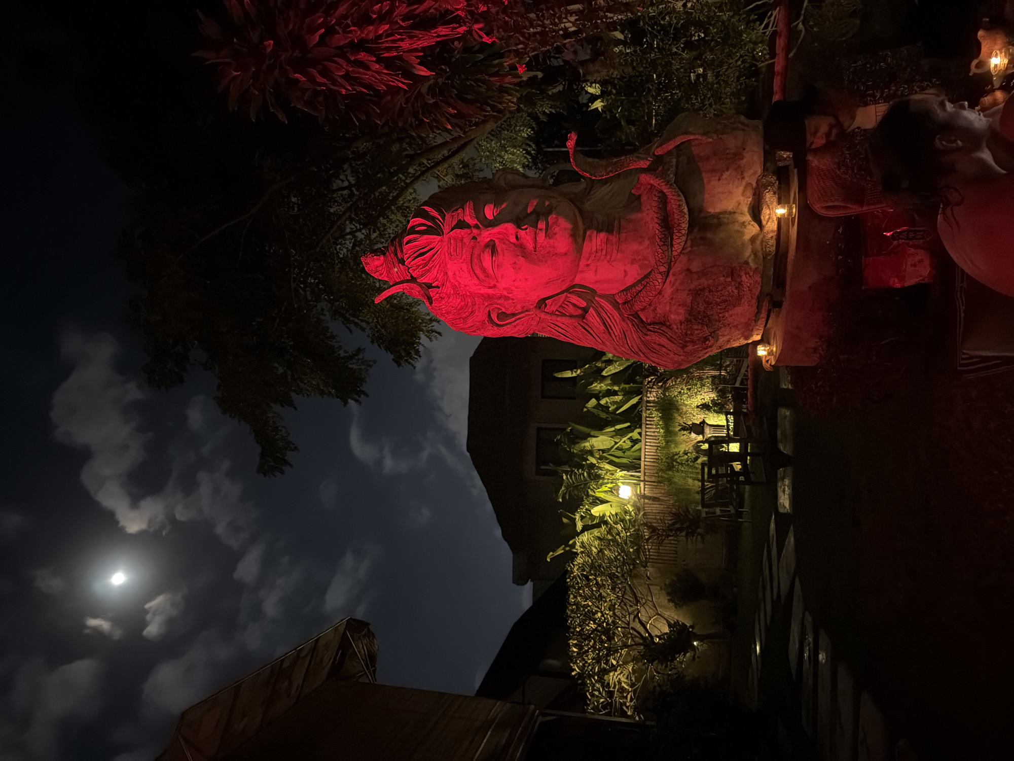 The image captures a nighttime scene at an outdoor establishment, likely a restaurant or bar, in Mengwi, Indonesia. The main subject is a large, reddish-pink illuminated sculpture of a face, possibly a deity or mythical figure, with a snake coiled around its head and neck. This sculpture is prominently displayed and bathed in dramatic red light, creating a striking visual against the dark surroundings.
The setting appears to be a garden or courtyard, with lush foliage and trees visible. Artificial lighting, primarily warm yellow, illuminates the vegetation and pathways, creating an inviting and somewhat mysterious atmosphere. In the background, a building with windows and a thatched roof structure can be seen.
Several people are present, though their faces are largely obscured by the darkness and the angle of the shot. One person is visible in profile, leaning forward, perhaps engaged in conversation or observing the sculpture. Small, lit candles are placed on a surface near the people, adding to the ambiance.
The sky above is dark, with clouds and a bright full moon visible, indicating a clear night. The overall mood is serene and enchanting, with a touch of the exotic due to the prominent sculpture and the tropical vegetation. The red lighting of the sculpture suggests a deliberate artistic choice to highlight it and create a dramatic focal point.