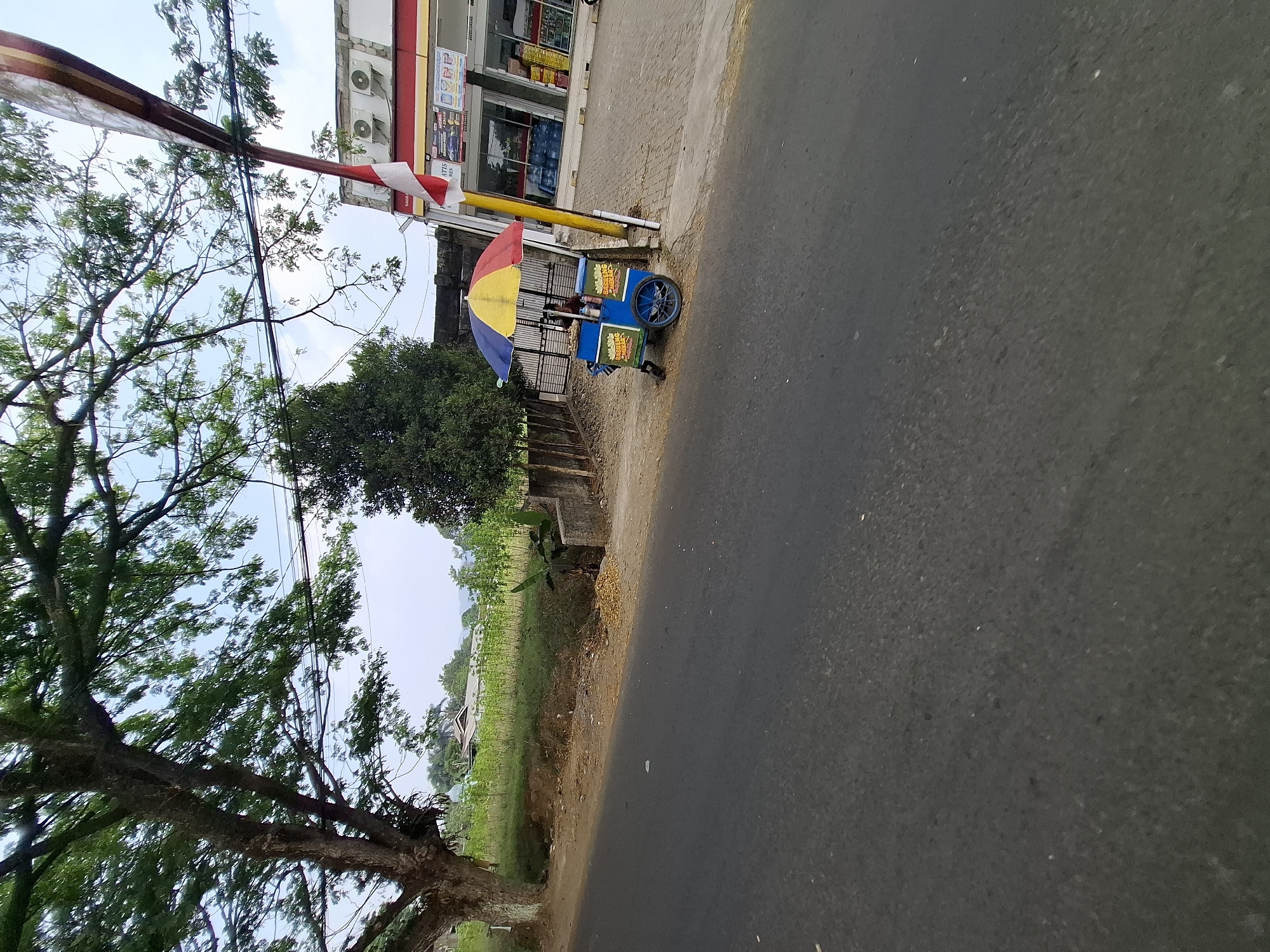 The image depicts a street scene in Balekambang, Indonesia, with a focus on a colorful food cart situated on the side of a road. The cart is adorned with a vibrant umbrella that alternates between red, yellow, and blue panels. It appears to be blue with some yellow detailing and has wheels. A person, whose face is not visible, is behind the cart, likely attending to it. The cart has text on it, which is partially obscured but includes what appears to be "BASRENG PEDAS".
Beside the cart, a yellow pole stands vertically. In the background, a building that looks like a convenience store or a small supermarket is visible. It has a red and yellow awning or trim and displays air conditioning units on its facade. An Indonesian flag, red and white, is attached to a pole in front of the building, with a portion of it visible hanging.
To the left of the cart and store, a large tree with sprawling branches and green leaves dominates the upper left portion of the image. Beyond the cart and the store, there's a patch of greenery, possibly cultivated land with small plants, and further in the distance, houses and hills are visible under a sky with scattered clouds. The road in the foreground is paved with asphalt. The scene suggests a typical roadside commercial area in a somewhat rural or suburban part of Indonesia.