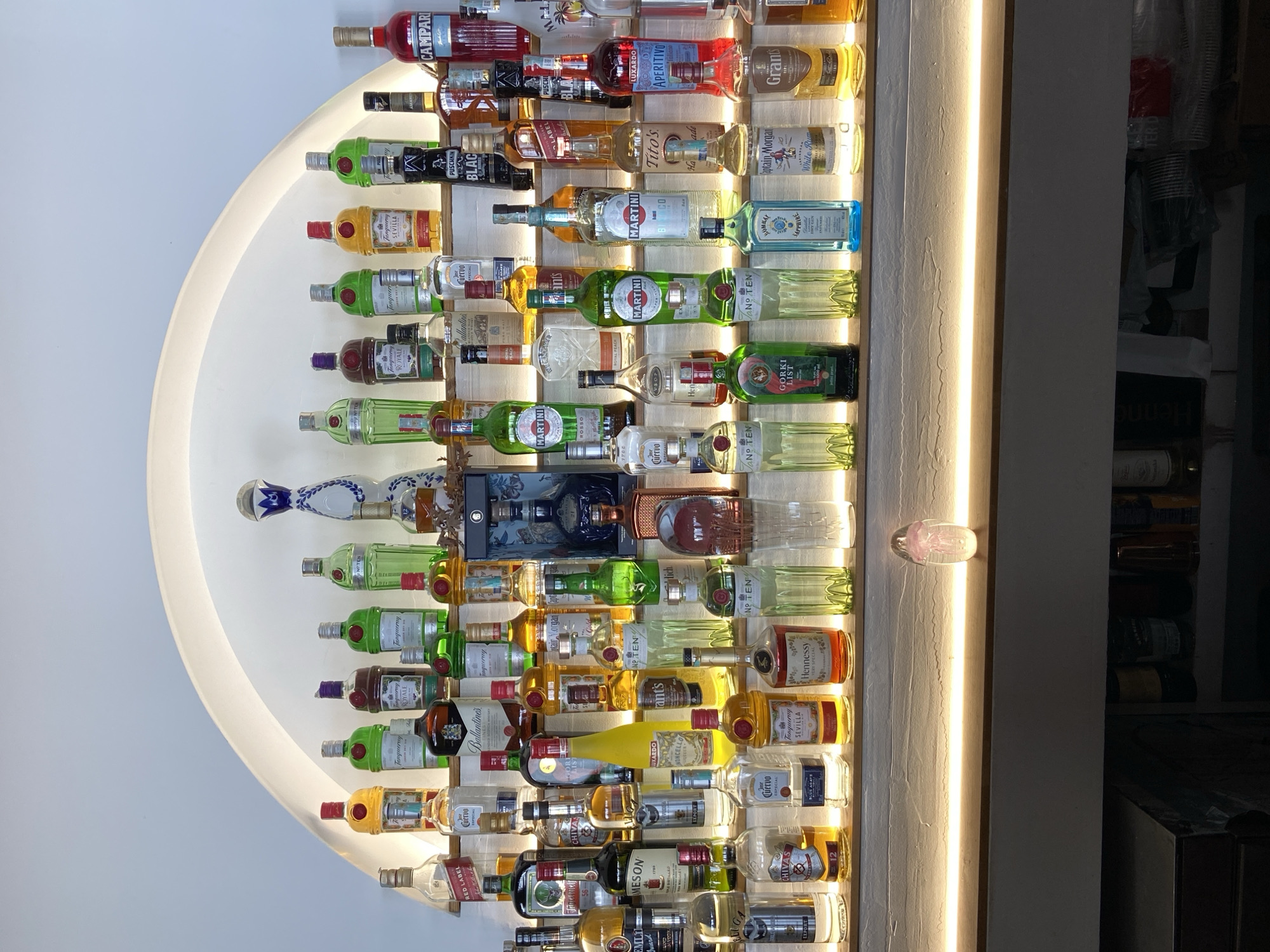 The image shows a wall in what appears to be a bar or restaurant in Petrovac centar, Montenegro. There are many bottles of alcohol on shelves. The arrangement is in a rounded rectangle shape. There is an illuminated strip on the right side of the alcohol arrangement. Some of the visible brands include Campari, Martini, Tanqueray, and Hennessy. There is a light fixture with a jellyfish inside on the right side of the bottle display. The background on the right is out of focus, but appears to be the inside of the bar or restaurant.