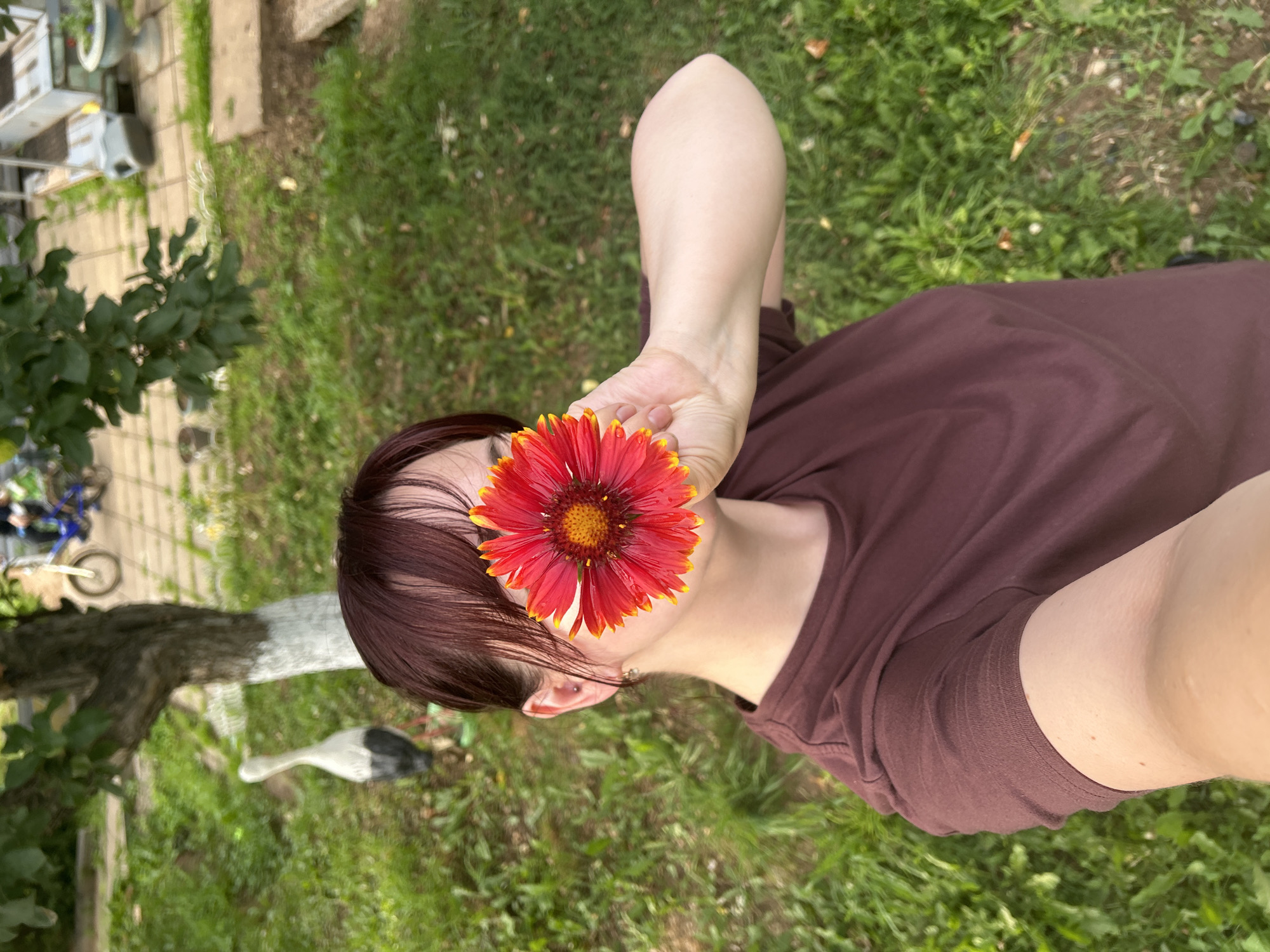 The image shows a person holding a red and yellow flower in front of their face, partially obscuring it. The person is wearing a dark maroon t-shirt and has dark hair. They are outdoors, with a background of green grass and some trees. To the left of the person, there appears to be a paved area with some objects, possibly garden furniture or storage containers. In the background, a white and black bird-like statue is visible on the grass. The lighting suggests it is daytime, likely outdoors in a garden or yard setting. The scene appears to be relaxed and casual.