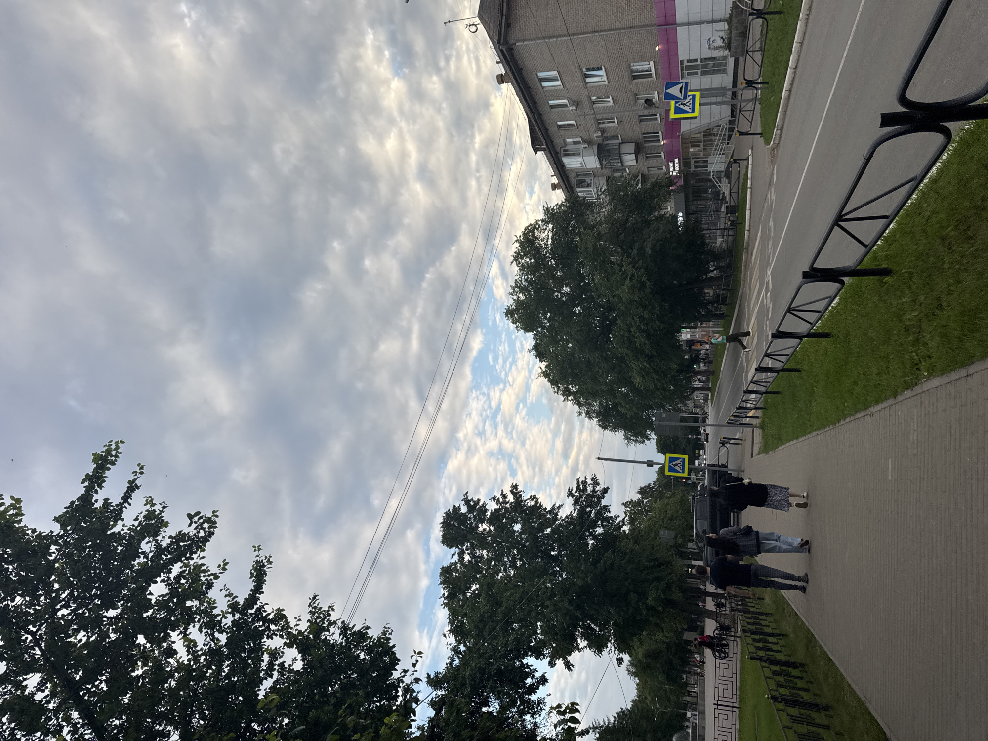 The image captures a street scene in the city of Chaikovsky, Russia, under an overcast sky. On the left, a sidewalk runs alongside a grassy area bordered by a black metal fence. Three individuals, two women and one man, are walking away from the camera on the sidewalk. Further down the sidewalk, a person is crossing the street at a designated crosswalk.
The street itself is paved with asphalt and has lane markings. A few cars are visible on the street, including a black pickup truck parked to the right. On the right side of the street, a multi-story brick building with several windows and balconies lines the sidewalk. A few shops are visible on the ground floor of the building, with signage in Russian. Yellow pedestrian crossing signs are posted near the crosswalks. Large trees with dark green foliage are scattered throughout the scene, some with branches extending over the street and sidewalk. Power lines are visible strung across the sky. The overall impression is a typical urban environment on a cloudy day.