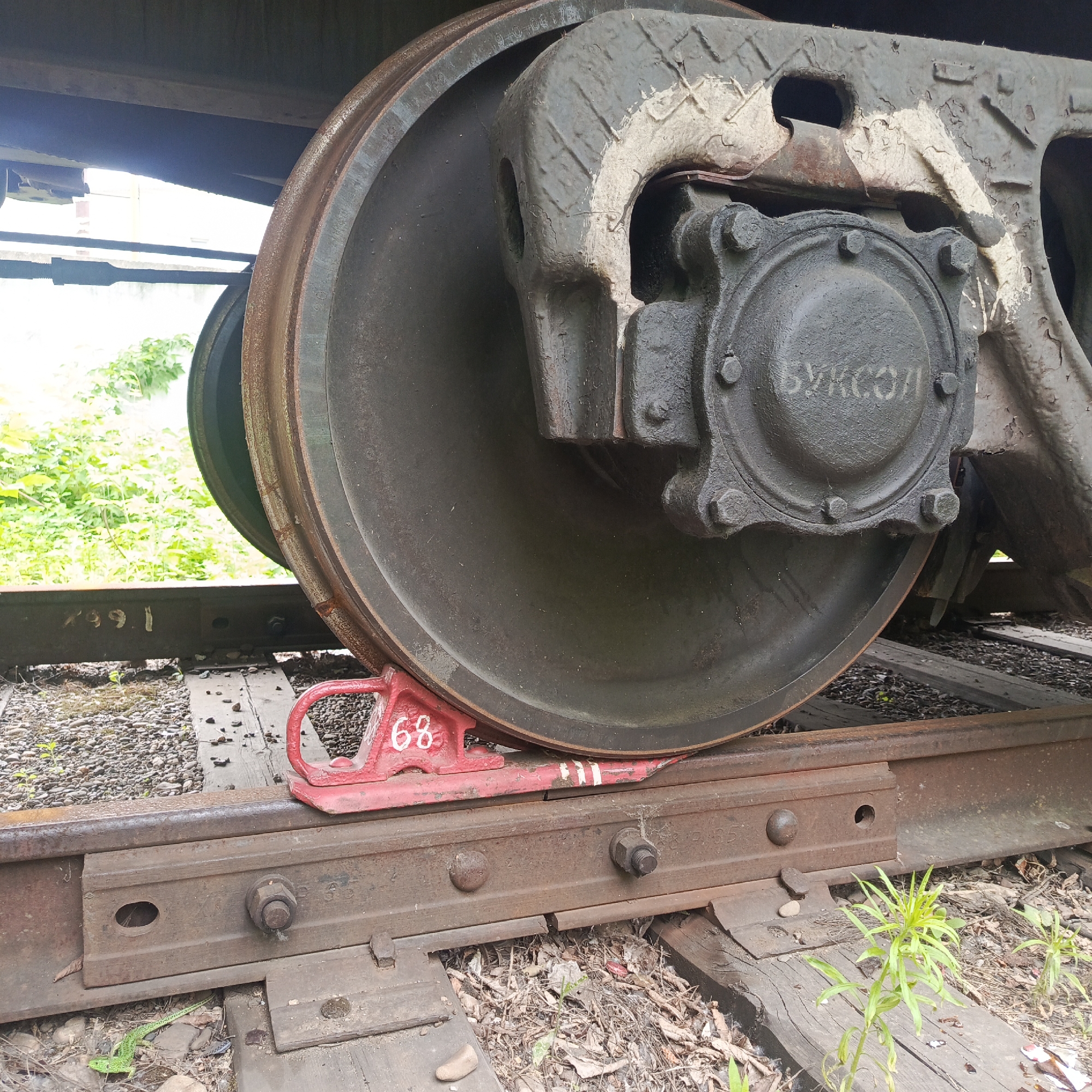 The image shows a close-up view of a large train wheel resting on railroad tracks. A red railway chock, marked with the number "68" in white, is positioned under the wheel to prevent it from rolling. The wheel itself is dark gray and appears to be made of metal. Part of the train's undercarriage is visible above the wheel. The tracks are made of rusty metal rails and wooden sleepers. The ground around the tracks is covered with gravel and dry leaves. In the background, green foliage is visible. The scene is set outdoors, with natural light suggesting it is daytime. The image appears to have been taken at an industrial or rail yard location within the city of Chaikovsky, Russia, given the inscription "БУКСОЛ" (Buksol) on the wheel hub, which is a common marking on Russian railway equipment. There are no people or animals clearly depicted in the image, though a small green lizard is visible on the track in the lower left corner. The overall impression is one of static, industrial machinery in an outdoor environment.