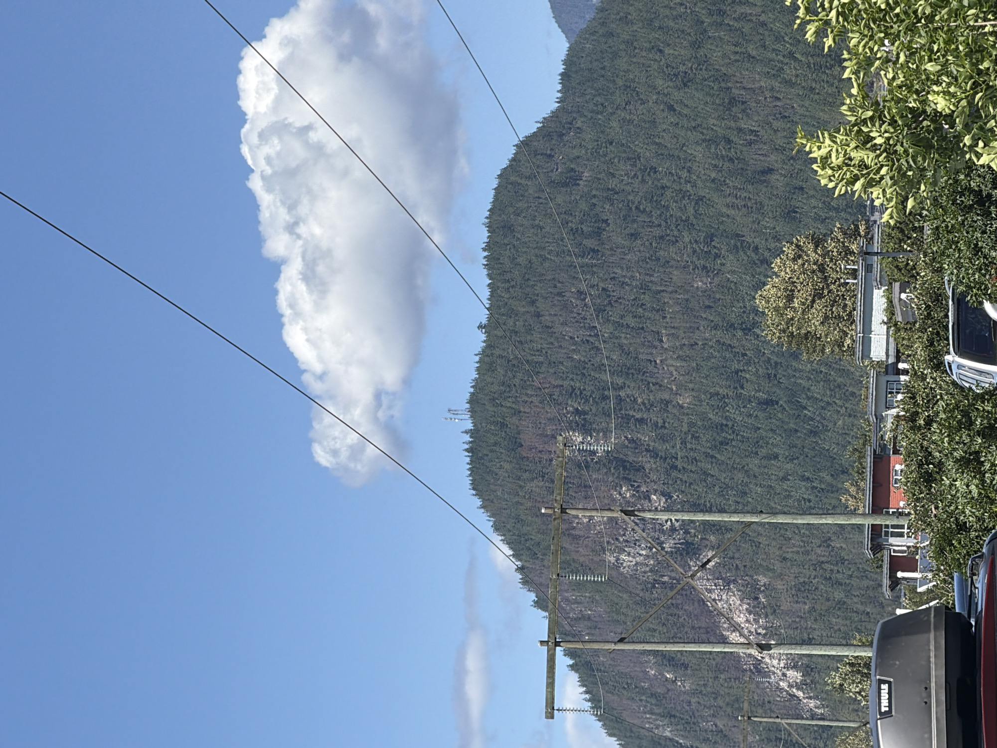 The image depicts a mountainous landscape in Area D (Elaho/Garibaldi), Canada, under a clear blue sky with scattered white clouds. A dense forest covers the slopes of the mountain, with some areas showing signs of past fire damage, characterized by a lighter brown color. Prominent power lines stretch across the frame, supported by wooden utility poles. In the foreground, the roofs of buildings and vegetation are visible, suggesting a populated area at the base of the mountain. The scene appears to be a daytime view, with sunlight illuminating the landscape.