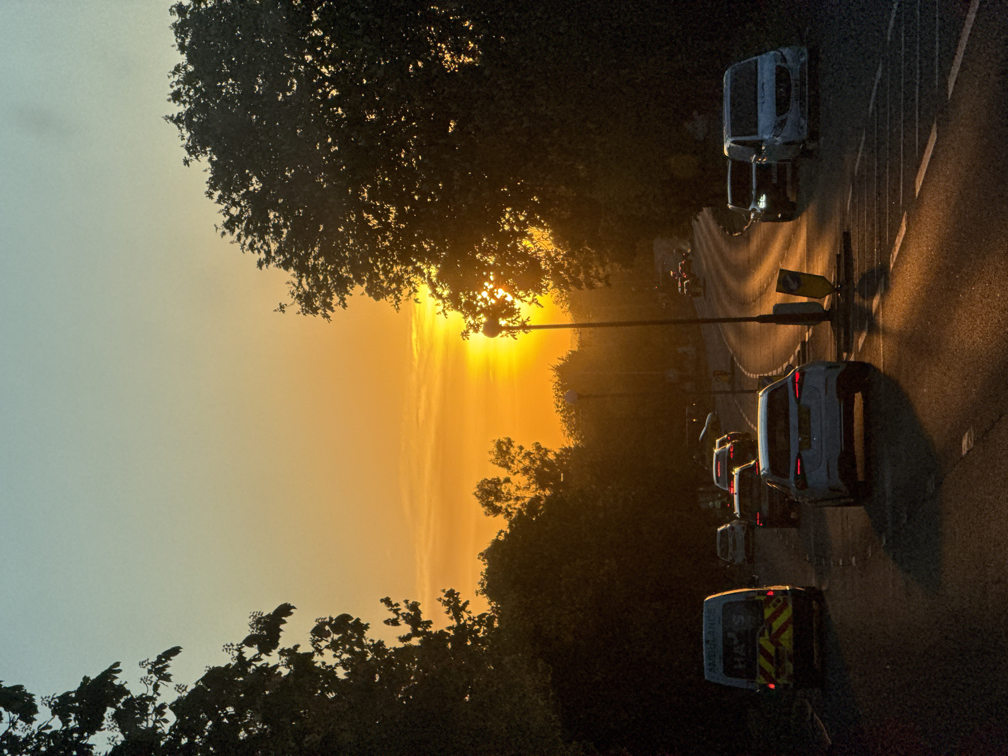 The image captures a vibrant sunset or sunrise over a multi-lane road in an urban or suburban setting, likely London, United Kingdom. The sky transitions dramatically from a clear, light blue on the left to an intense golden orange and yellow on the right, where the sun is partially visible, obscured by silhouetted trees.
The foreground features a white van with distinctive yellow and red chevron markings on its rear doors, indicating it is likely an emergency or utility vehicle, possibly a paramedic or highway maintenance vehicle, as "PARA" is partially visible on its back. Its brake lights are illuminated. Several other white utility or commercial vans are visible further down the road, also heading in the same direction, with faint red taillights.
Dense, dark tree foliage frames the upper and lower right portions of the scene, creating strong silhouettes against the bright sky. The warm light from the sun casts long shadows and highlights the road surface and the vehicles. A streetlight stands near the sun, contributing to the urban feel. Road markings, including white lines, delineate the lanes or a junction ahead, and a yellow triangular road sign is visible on the right side of the road.
The scene depicts regular road traffic at either the beginning or end of the day, characterized by the dramatic natural lighting and the movement of vehicles. The overall mood is striking due to the high contrast and warm glow.