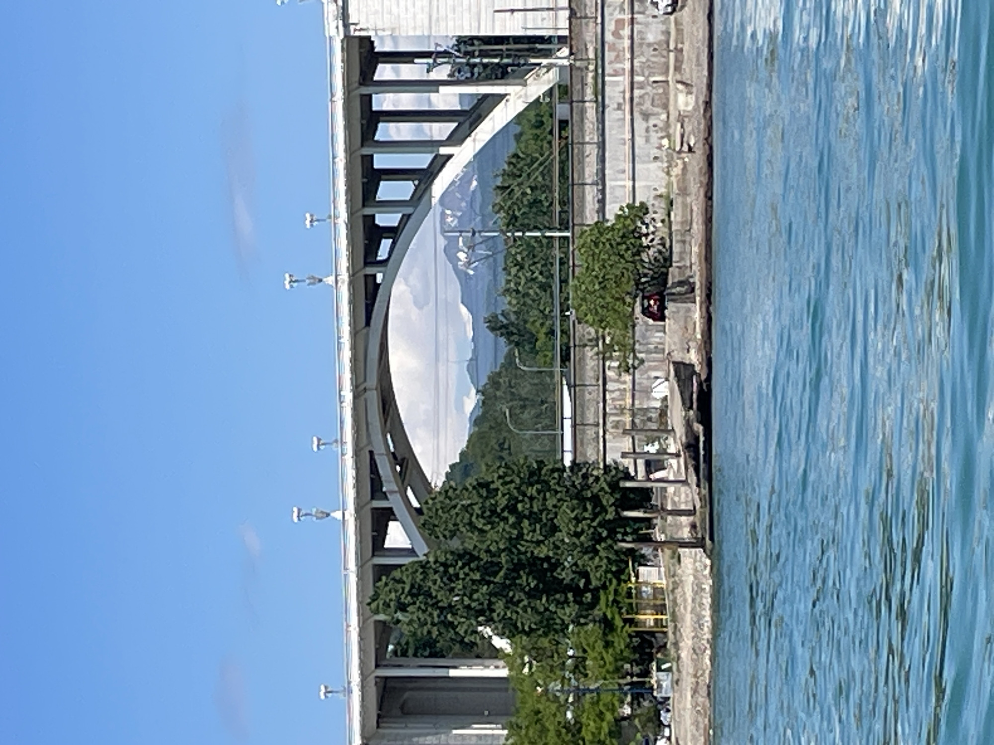 This bright daytime image captures a scenic view featuring a large concrete bridge, a body of water, and distant mountains under a clear blue sky.
The central subject is a robust, light-colored concrete bridge, possibly a road or railway overpass, which dominates the left and central parts of the frame. It features a prominent arch structure and numerous vertical support beams, creating a repetitive pattern. Along the top edge of the bridge, several modern streetlights or lighting fixtures are visible.
To the right of the bridge is a calm body of blue-green water, likely a river or the sea, showing subtle ripples and reflections on its surface. An embankment or shoreline, constructed from concrete or stone, runs parallel to the water's edge beneath the bridge. This area is dotted with green trees and bushes, and features railings and what appear to be walkways.
Through the main arch of the bridge, a range of distant mountains or large hills can be seen, partially obscured by a light haze, suggesting a grand natural backdrop. More dense greenery and foliage are visible in the mid-ground, both on the embankment and behind it.
A single individual, dressed in a red top or jacket and dark trousers, is visible on the embankment below the bridge, standing near a red object that could be a piece of equipment or part of a vehicle.
The clear, vibrant blue sky and strong sunlight indicate good weather conditions, likely a sunny day. No discernible text is visible in the image. The combination of a substantial man-made structure, water, and mountains is consistent with the geographical characteristics of Sochi, Russia. The scene conveys a sense of grandeur and calm.