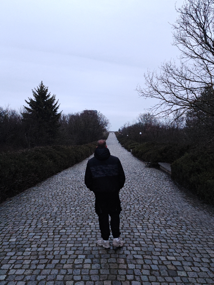 A single male subject is observed from the rear, standing centrally on a wide, ascending cobblestone path in Shumen, Bulgaria. This path is identified as the access route to the Monument to 1300 Years of Bulgaria. The subject wears a dark hooded jacket featuring a textured or subtly patterned panel on the upper back, dark trousers, and light-colored athletic footwear with visible white socks. His hands are not visible, possibly in pockets. The path is flanked by dense dark green shrubbery and trees; a distinct evergreen stands prominently on the left, while bare deciduous trees are present on the right. Streetlights with white globes are regularly spaced along the right side of the path, extending towards the crest of the incline where a large concrete structure, part of the monument, is faintly discernible against the horizon. The ambient lighting indicates an overcast sky, with uniform grey conditions and no direct sunlight.