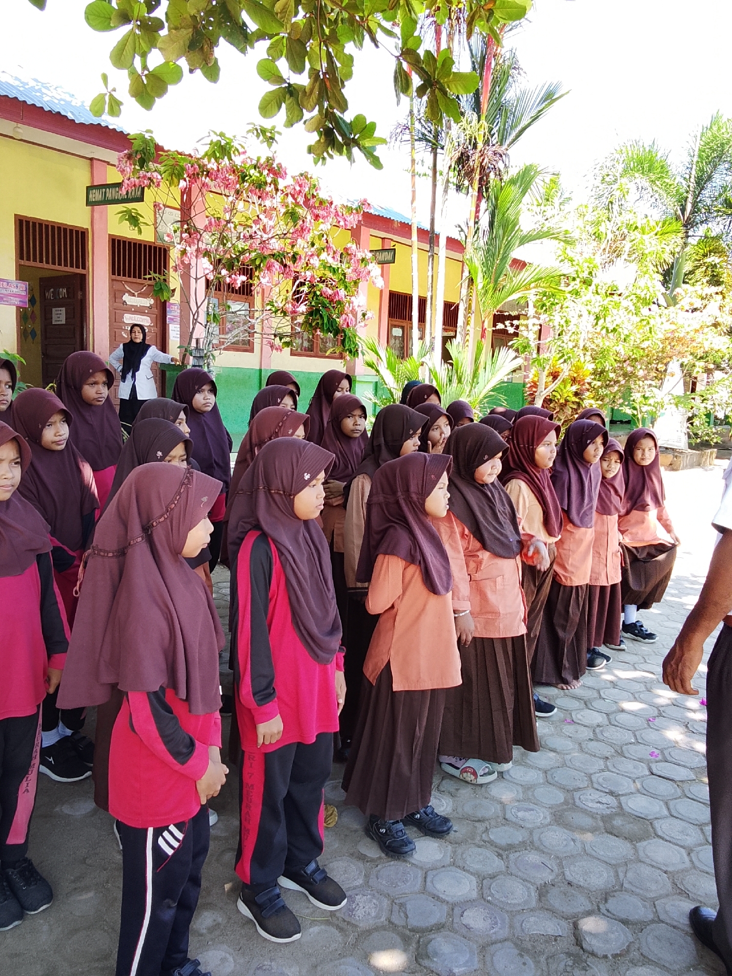 In Baratpayaitek, Indonesia, a group of young female students, dressed in uniforms consisting of brown hijabs and either pink or peach shirts with brown skirts, stand in a schoolyard. The school building, painted yellow and pink, features a sign that reads "HEMAT PANGKA RAKYA". The ground is paved with hexagonal stones, and trees with green leaves and pink flowers are visible. A female teacher in a white shirt and black hijab stands slightly behind the students, gesturing with her hands. The students are facing forward, some looking at the camera. The scene appears to be taking place outdoors during daylight hours.