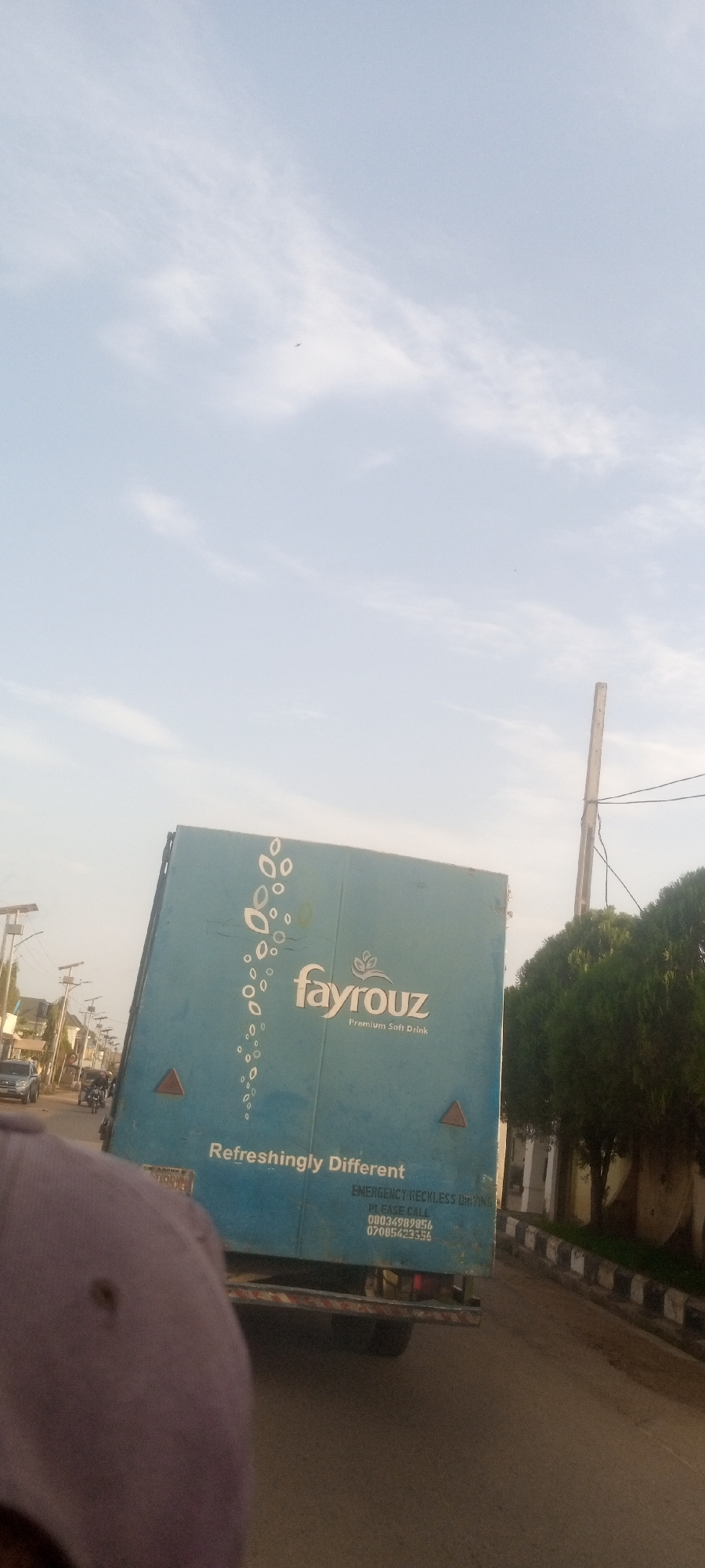 The image shows a blue Fayrouz delivery truck driving on a paved road in Narayi, Nigeria. The truck is marked with the Fayrouz logo and the phrase "Refreshingly Different". The emergency contact information is visible on the back. The environment is a residential or commercial street with trees and buildings in the background. There are power lines and poles. Other vehicles are present on the street. Part of a person's head and hat is visible in the foreground. The sky is partly cloudy.