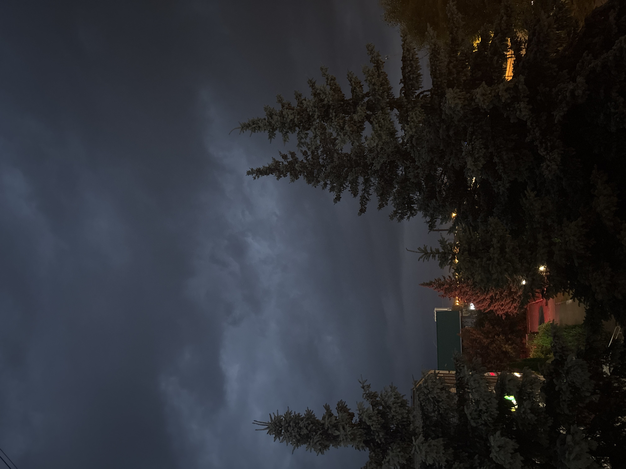 This image shows a dark, cloudy sky over a scene that appears to be in Balabanovo, Russia. Several evergreen trees are prominent in the foreground, with their needles rendered in a muted, grayish-blue tone due to the low light. Behind the trees, a building with a green roof is visible, along with other structures that are less distinct. Lights from the buildings and possibly streetlights cast a faint glow, illuminating parts of the scene. The overall atmosphere is somber and twilight-like, suggesting it is either dawn or dusk, or during an overcast day. There are no visible people or active events occurring.