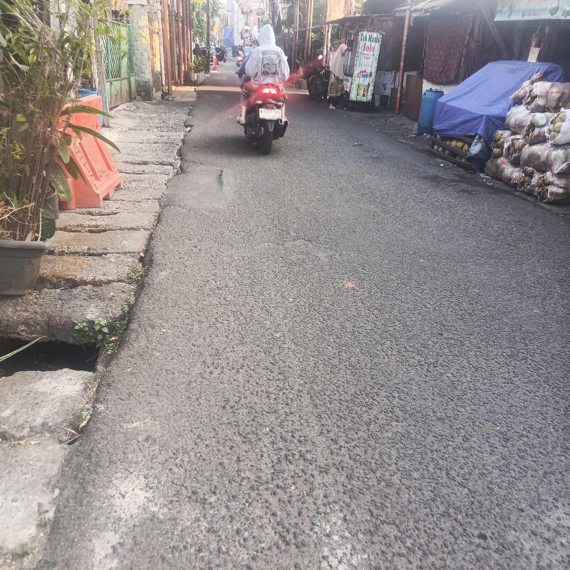 This is a medium-distance, eye-level, outdoor shot of a narrow, asphalt road in South Jakarta, Indonesia. The road is flanked on the left by a concrete sidewalk with orange traffic barriers and dense vegetation, and on the right by a row of market stalls. The stalls appear to be selling food and produce, with one displaying a sign that reads "Teh Manis Solo." Piles of coconuts wrapped in mesh bags are stacked on the right side of the road.
A person is riding a motorcycle down the center of the road, away from the camera. The rider is wearing a white hoodie with a graphic design on the back. The motorcycle has its brake lights illuminated. In the background, other pedestrians and motorcycles can be seen in the distance. The overall lighting suggests it is daytime, possibly late afternoon, with the sun casting a warm glow on the scene. The environment appears to be a bustling, residential or commercial street.