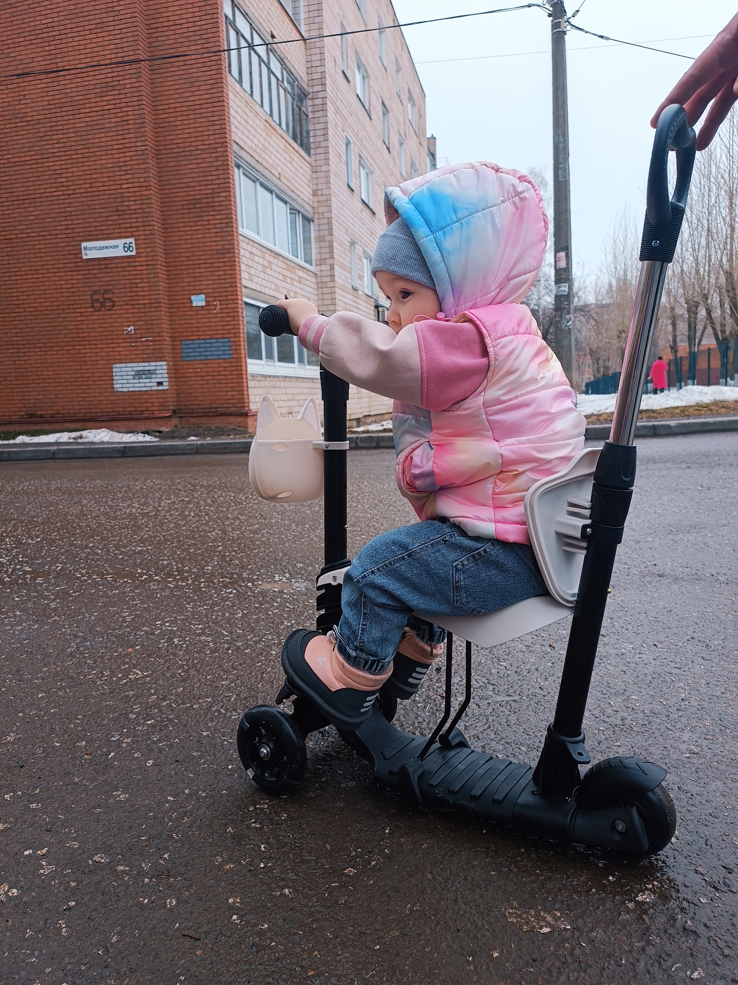 A toddler, wearing a gray hat and pink and blue hooded jacket over a pink shirt, sits on a black scooter with a white seat, in a city, presumably being pushed by an unseen adult. The toddler wears blue jeans and black shoes with pink accents, and has their left hand on the scooter's handlebar, which has a light pink cat-shaped bucket attached to it. The scooter is on a wet, gray street in front of a red brick building with a white sign reading "Молодежная 66" indicating the location is likely Izhevsk, Russia, as "Молодежная" translates to "Youth" or "Youthful." The building has white-framed windows and some patches of snow are visible near the curb. A light pole is visible behind the toddler, with other buildings and trees in the background. A person in a red jacket is seen in the far background. An adult’s hand is visible on the handle of the scooter, indicating they are pushing it.