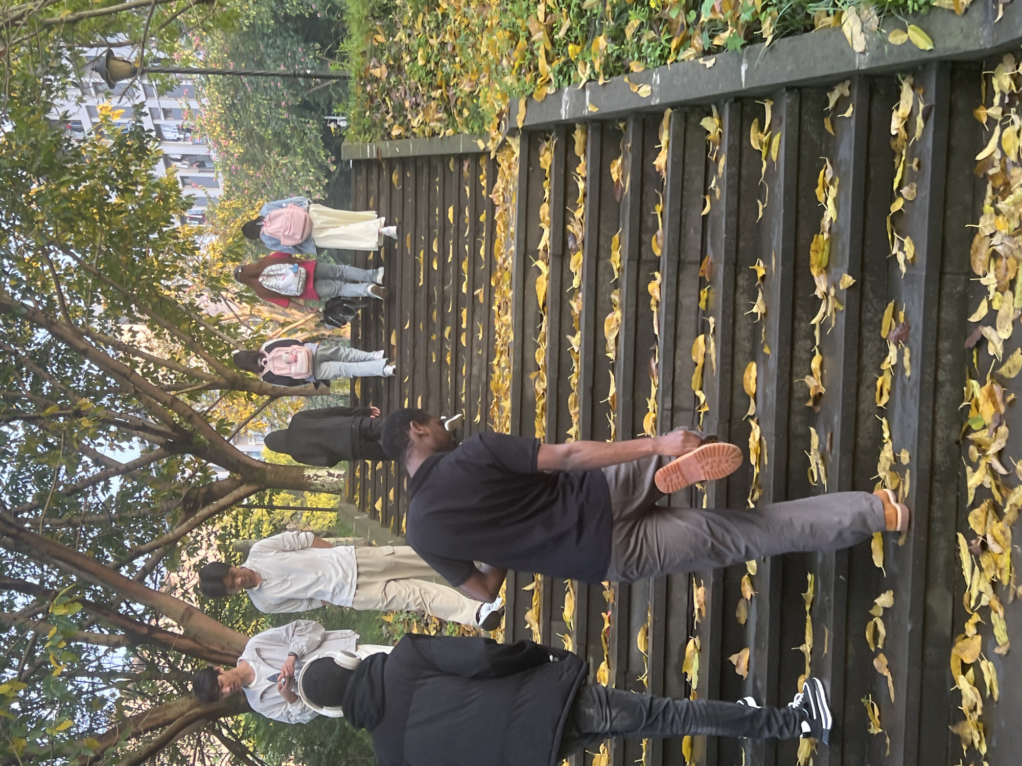 Several people are walking down a flight of stairs. The steps are covered in fallen yellow leaves, suggesting it is autumn. The steps are made of dark, vertical slats with gaps between. The people appear to be of Asian descent and are wearing casual clothing. One man is holding a lit cigarette. The location is likely Jiangjin, China, as indicated by the buildings and the appearance of the people. Trees are visible on either side of the stairs.