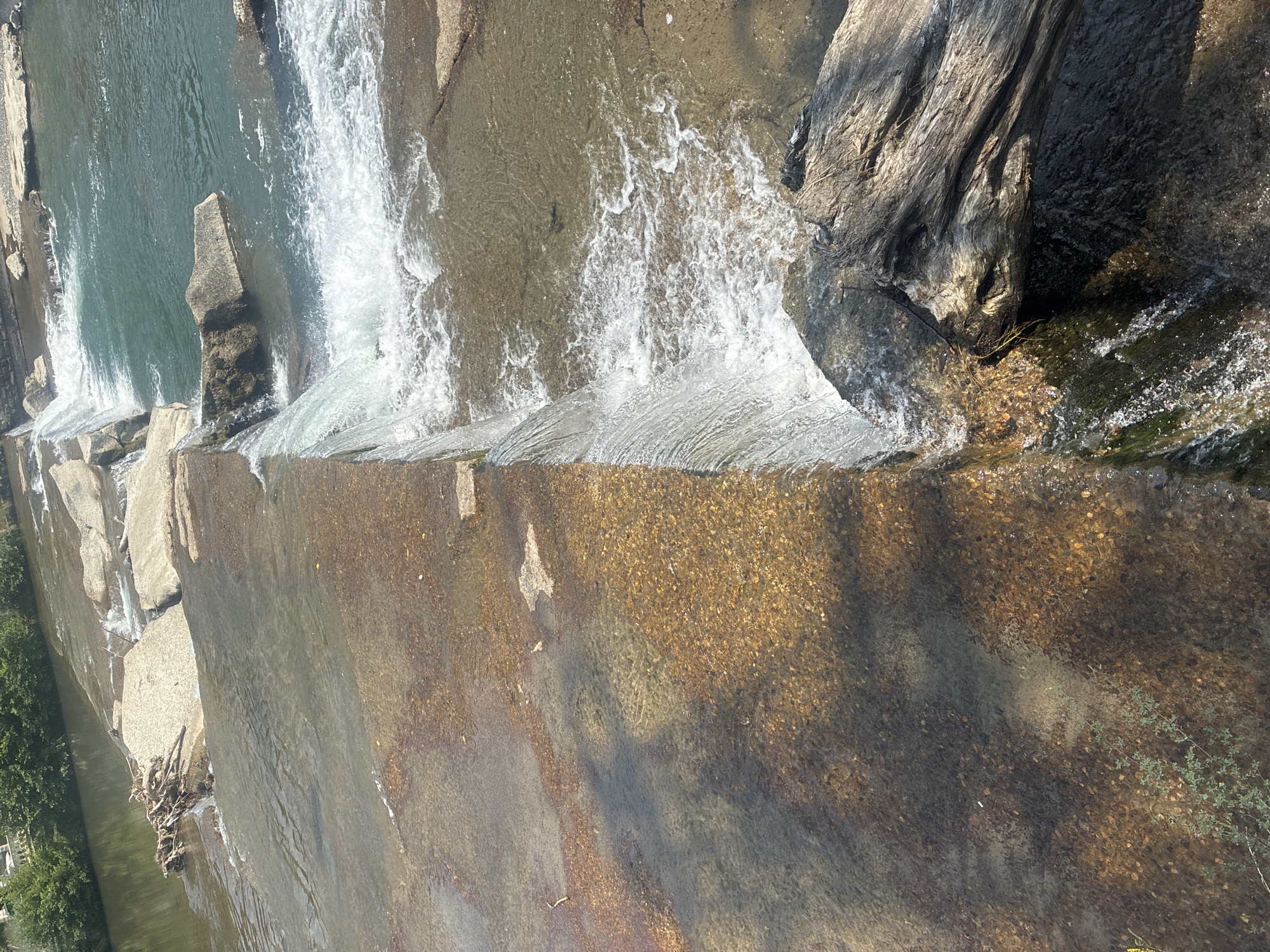 The image shows a natural waterfall cascading over rough, rocky terrain. The water is clear and appears to be flowing over a series of ledges, creating whitewater rapids. The surrounding environment is lush with green trees visible in the background. A large piece of driftwood is resting on the rocks near the base of the waterfall. The scene is bathed in bright sunlight, casting shadows on the water and rocks. This image was captured in Sochi, Russia.