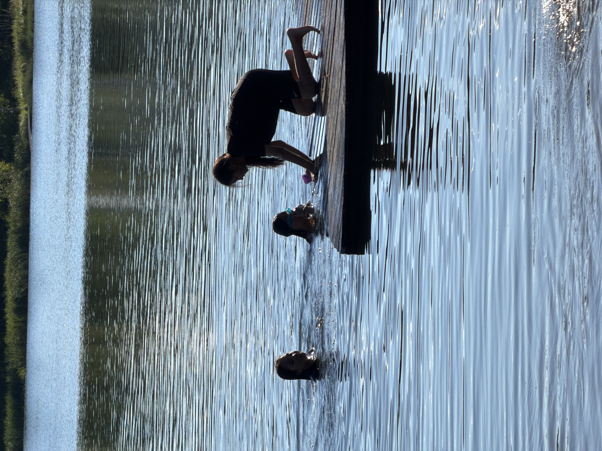 In this outdoor, full shot taken during daylight, three young people are engaged in water activities near a wooden dock. The scene is dominated by the rippling surface of a body of water, reflecting the sky and surrounding greenery, with the dock casting a distinct shadow.
The first person, positioned on the dock, is a silhouetted figure in dark attire. They are crouched, with their legs bent and feet resting on the wood. Their hands are extended towards the water, and they appear to be interacting with a small, purple object.
Below the dock, two other individuals are partially submerged in the water. One person, with goggles on, is looking up towards the dock. The second person is further out in the water, with only their head and shoulders visible, also looking upwards. The water is disturbed around them, suggesting movement.
The overall impression is one of summer fun and recreation. The sunlight creates shimmering patterns on the water's surface, indicating a clear and bright day. The presence of the dock and the people's clothing suggest a casual outdoor environment, likely a lake or calm river. There is no visible text in the image.