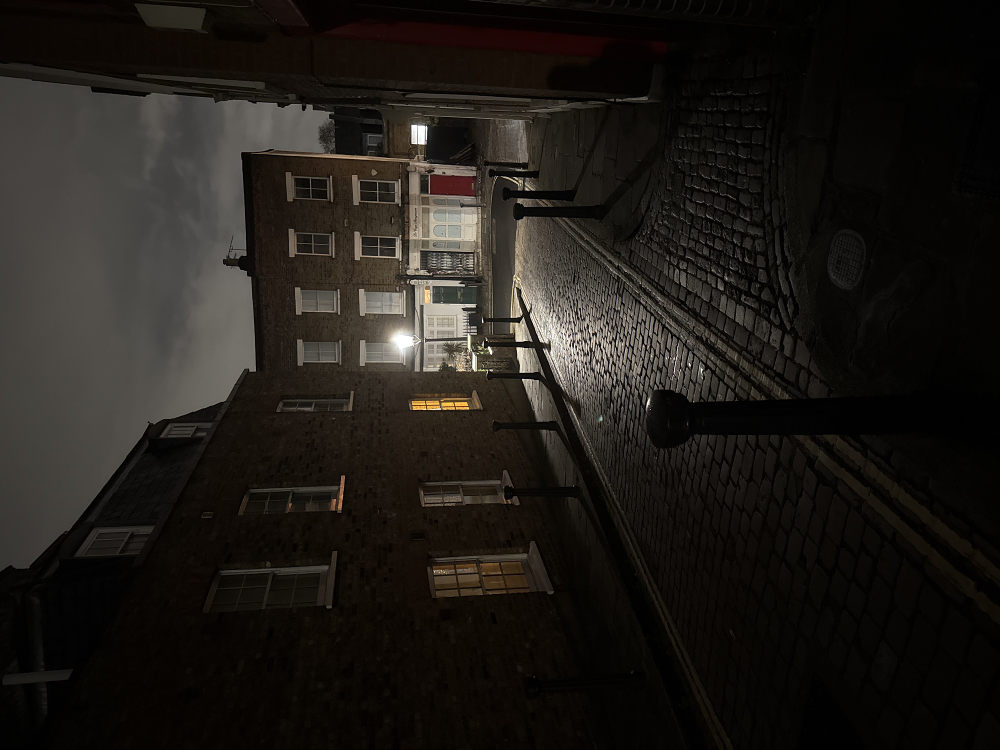 The image depicts a narrow, empty cobbled street at night in London, United Kingdom. The street surface is wet, reflecting light sources, and features double yellow lines painted along the curb on the left side. Several dark, rounded-top bollards line both sides of the roadway. A circular metal manhole cover is visible in the lower right foreground.
To the left, a dark brick building with a mansard roof and multiple white-framed sash windows is visible; some of these windows emit warm yellow interior light. In the background, a two-story lighter brick building features three white-framed sash windows on its upper floor. Its ground floor displays three distinct frontages: a green door on the left, a central section with a white double door behind a closed metal security shutter, and a red door on the right. Above the central white doors, a sign is partially visible, reading "Le Coqs." A traditional gas-lamp style street light stands directly in front of this central building, casting bright illumination onto the street. A portion of a dark building with a vertical red-painted section frames the right side of the scene. The sky overhead is dark and overcast, typical of nighttime conditions. No individuals or specific activities are observable.