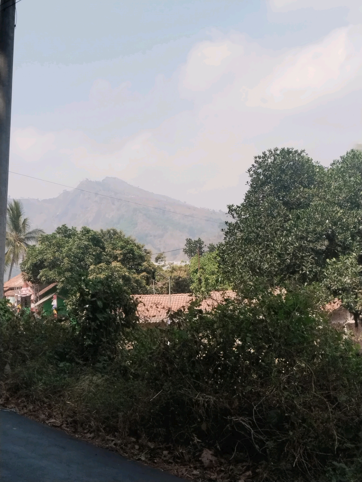 This is an outdoor, eye-level, full-shot photograph of a rural landscape in Cawitali, Indonesia. The foreground features a dark asphalt road on the left, with dry grass and thick, green vegetation on the right. In the midground, several buildings with red-tiled roofs are visible amongst lush green trees. A tall utility pole stands on the far left of the image. The background is dominated by a large, hazy mountain range under a light blue, cloudy sky. There are no people or animals present in the scene. The overall impression is one of a tranquil, natural environment.