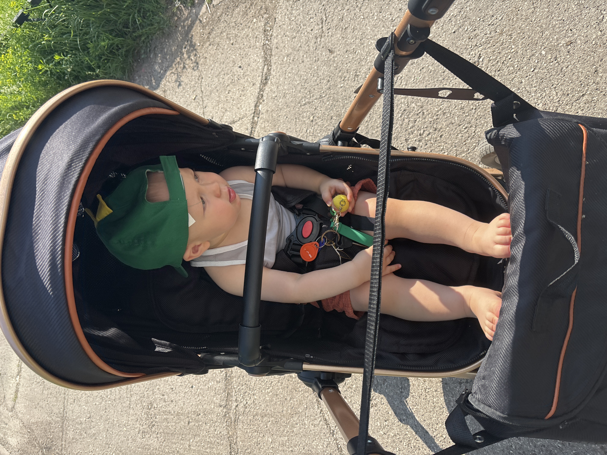 A baby wearing a green hat and a white tank top sits in a stroller outdoors on a paved surface, possibly a sidewalk or pathway. Green foliage is visible in the background. The stroller is black and gold, with a safety bar in front of the baby. The baby is holding a yellow toy and appears to be looking to the right. The scene suggests a warm, sunny day.