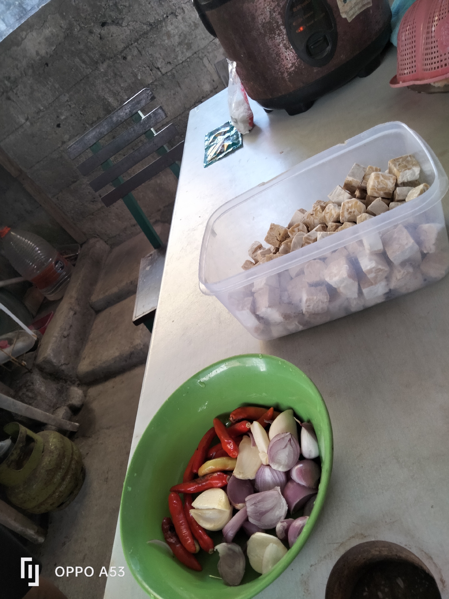 A high-angle, slightly blurred photograph taken indoors shows ingredients for cooking. In the foreground, a green bowl contains red chilies, sliced shallots, and garlic cloves. To the right of the bowl is a dark, round mortar, part of a pestle and mortar set. Behind the bowl, a clear plastic container is filled with cubed tempeh. Further back, on a worn countertop, a rice cooker is visible, along with a pink basket and a small packet. The background reveals a concrete wall and a metal shelf. The scene appears to be a domestic kitchen setting, likely in Denpasar, Indonesia.