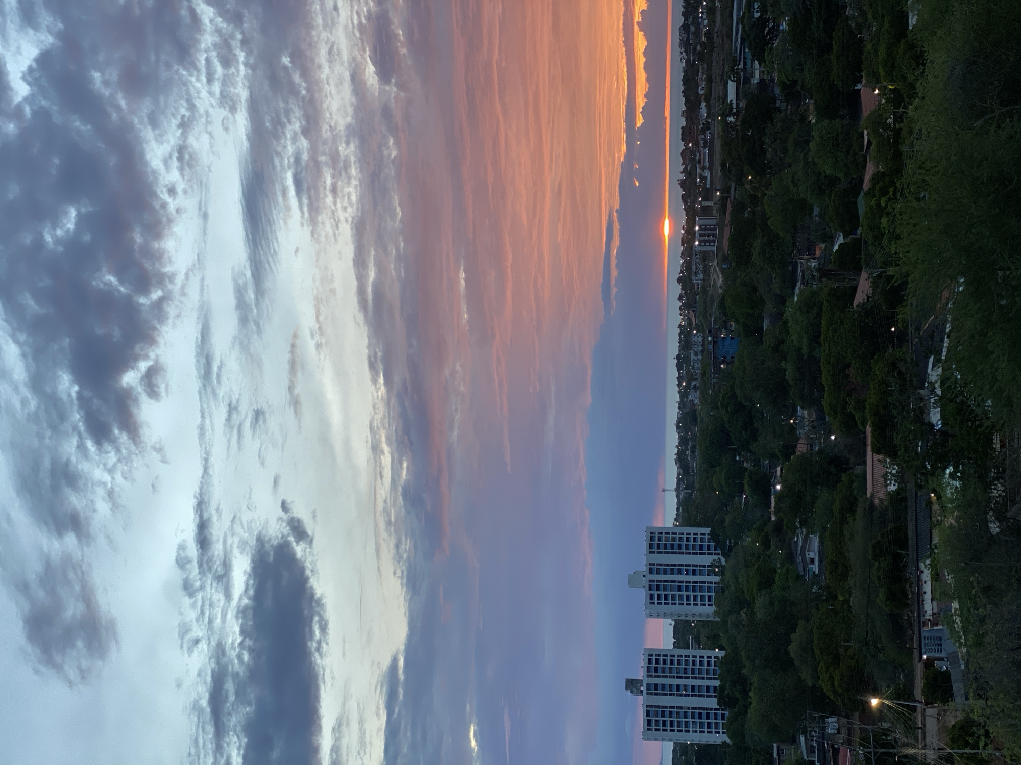 This image captures a sunset over the city of Juan Griego, Venezuela. The sky is filled with dramatic clouds, transitioning from shades of blue and gray at the top to vibrant pinks and oranges closer to the horizon. The sun is a small, bright orange disc just above the water, casting a warm glow. In the mid-ground, two modern white buildings with many windows stand out against the greenery. The foreground is dominated by lush, dark green trees and vegetation, with glimpses of houses and streetlights visible through the foliage. The ocean is visible in the distance, meeting the colorful sky.
