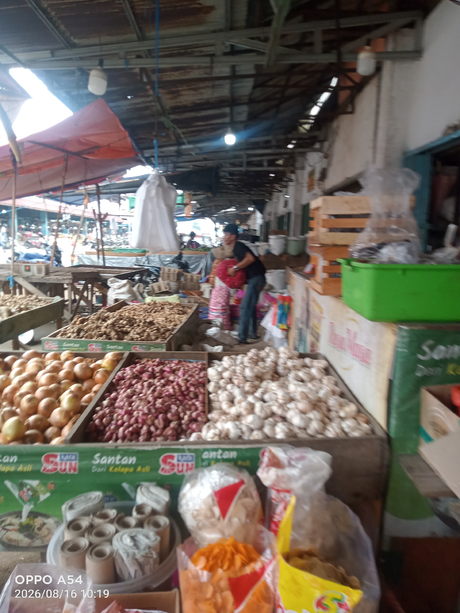The image depicts a bustling market scene, likely in Jambi, Indonesia, given the presence of "Santan Dari Kelapa Asli" branding, which translates to "Pure Coconut Milk". The foreground is dominated by displays of fresh produce. On the left, a large bin overflows with onions. Next to it, a bin is filled with red onions, and further to the right, a substantial pile of garlic is visible. Behind these, a bin contains what appears to be ginger or similar root vegetables.
The market features a covered roof structure, with corrugated metal roofing and supporting beams visible. Red and orange tarpaulins are used for shade over some stalls. Several wooden crates are stacked, and a bright green plastic container is prominent on a counter. In the midground, a person in a black shirt and blue jeans is seen carrying red produce, possibly flowers or more vegetables. Other individuals are present in the background, suggesting a busy commercial environment. Packaging for food products is also visible, including plastic bags with what seem to be snacks. The overall impression is that of a vibrant, open-air market with a variety of goods for sale.