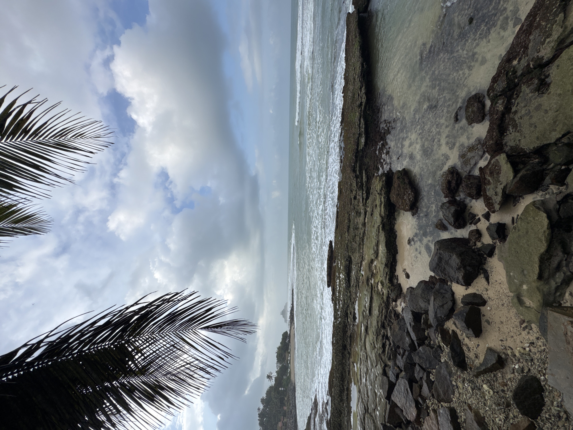 The image depicts a rocky coastline in Goviyapana, Sri Lanka, under a cloudy sky. Palm fronds hang into the frame from the top left, casting shadows. The foreground is dominated by large, dark rocks and smaller pebbles, with patches of sand visible. The sea in the midground features gentle waves crashing against a rocky outcrop. In the distance, a small island with trees and structures is visible, situated off the coast. The shoreline stretches to the left, revealing a sandy beach with some vegetation and buildings. The overall impression is one of a slightly overcast day at a tropical beach.