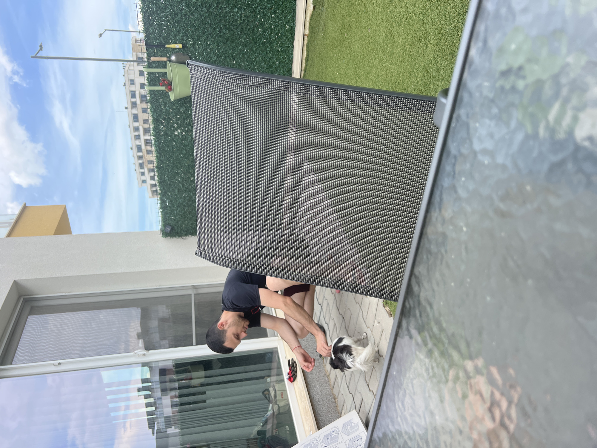 The image shows a person and a small dog on a patio. The person is a man wearing a black t-shirt and shorts. He is bending down, appearing to be interacting with the dog or an object on the ground. The dog is black and white and looks like a terrier mix.
The setting appears to be an outdoor patio area. There is a large, dark-colored mesh screen dominating the foreground. Behind the man and dog, there's a building with large windows and a beige-colored exterior wall. To the right of the building, there's a section of artificial turf, and behind that, a dense green hedge. In the background, a multi-story building with many windows is visible, and above it, a bright blue sky with white clouds. A streetlamp is also visible in the background. A glass-topped table is partially visible in the foreground on the right.
The overall lighting suggests it is daytime, possibly late morning or afternoon, given the brightness of the sky. The weather appears to be fair. The scene seems to be in a residential or possibly a commercial outdoor space. There is no discernible text in the image.